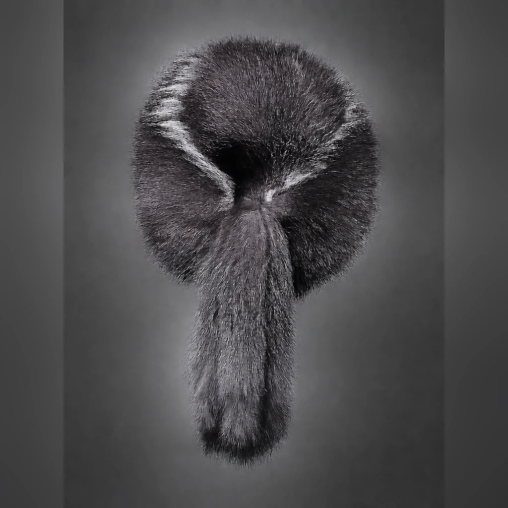 Silver fox fur trapper hat rear view with fur tails