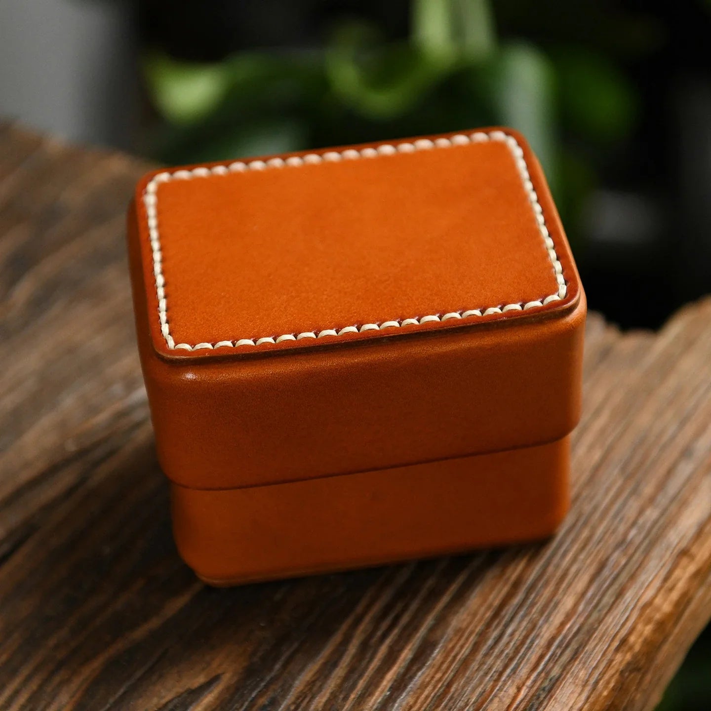 Small brown handcrafted leather storage box