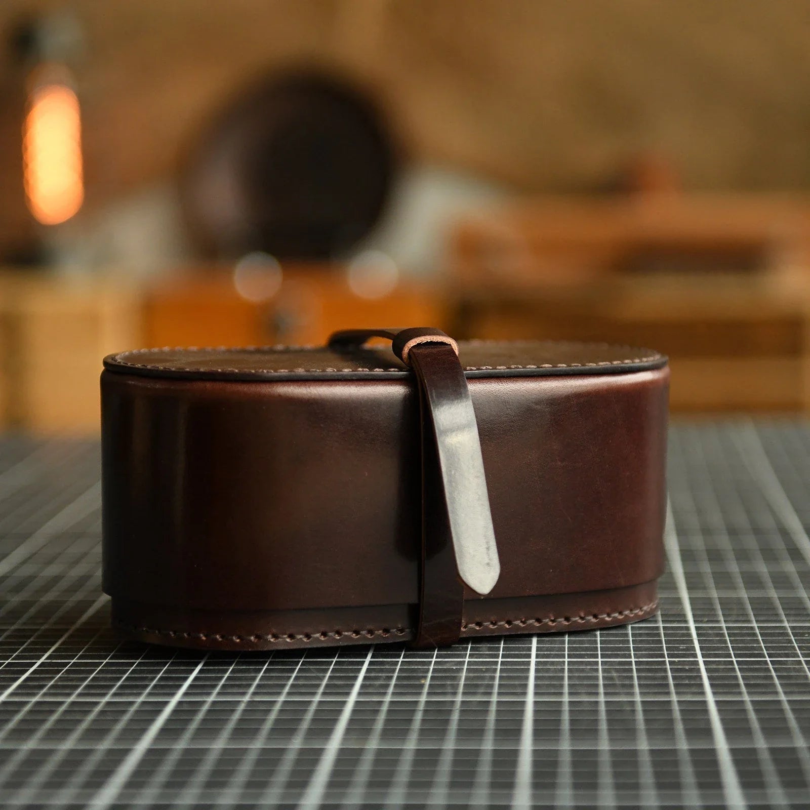 Small dark brown leather tea set travel case