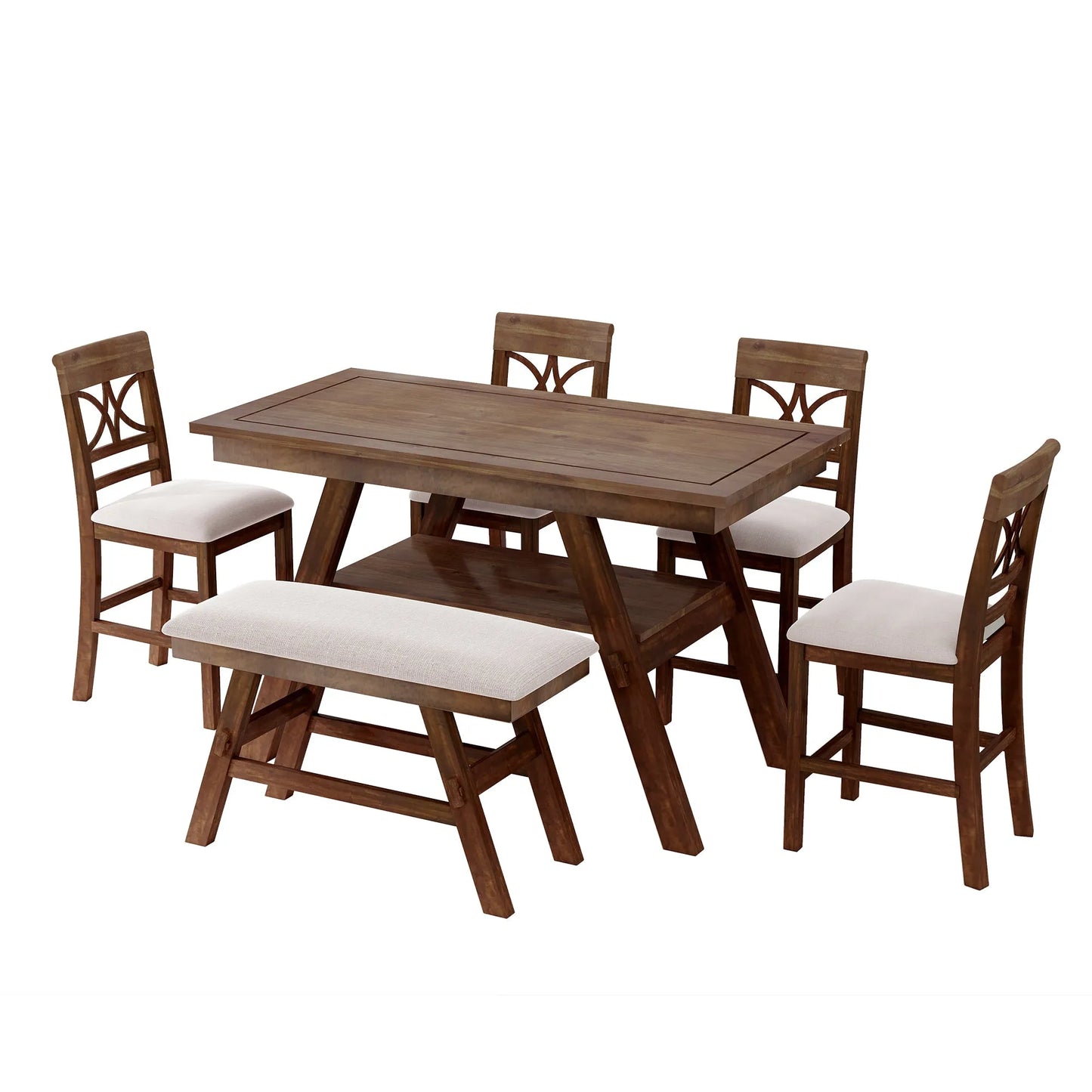 6-Piece Wood Counter Height Dining Table Set with Storage Shelf, Kitchen Table Set with Bench and 4 Chairs,Rustic Style, Walnut+Beige Cushion (old – view 8