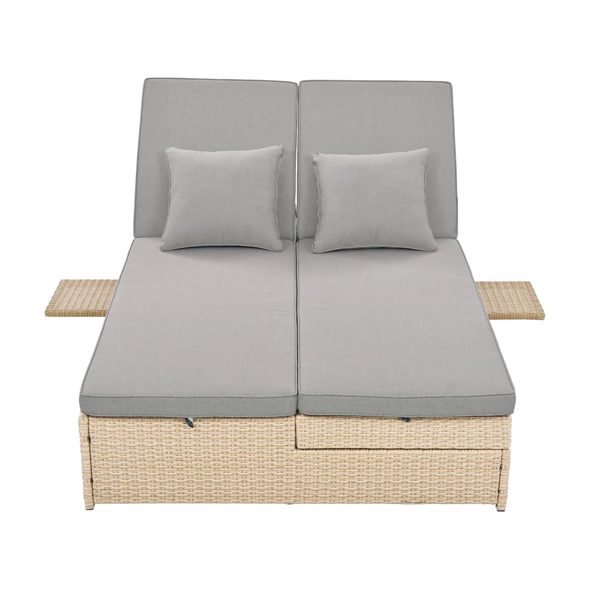 Outdoor Double Sunbed, Wicker Rattan Patio Reclining Chairs with Adjustable Backrest and Seat, Conversational Set for 2 Person, Brown – view 8