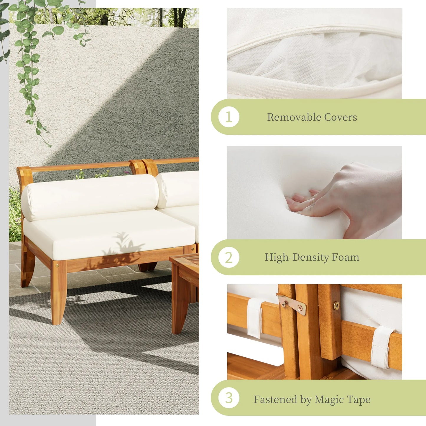 6 Piece Patio Sofa Set, Acacia Wood Outdoor Modular Sectional Garden Furniture Set L-Shaped Conversation Set, Convertible Daybed with Tea Table – view 8