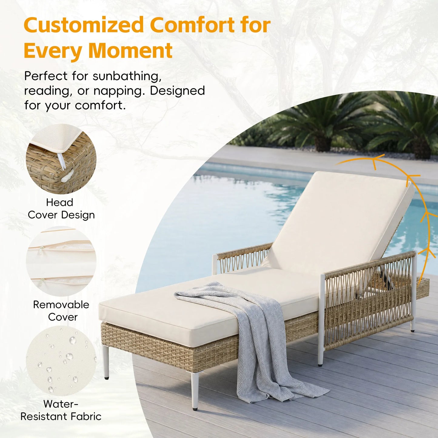 Outdoor All-Weather PE Rattan Chaise Lounge, Minimalist Patio Wicker Lounge Chair with 6 Gear Adjustable Recliner, Arms and Cushion for Poolside – view 8