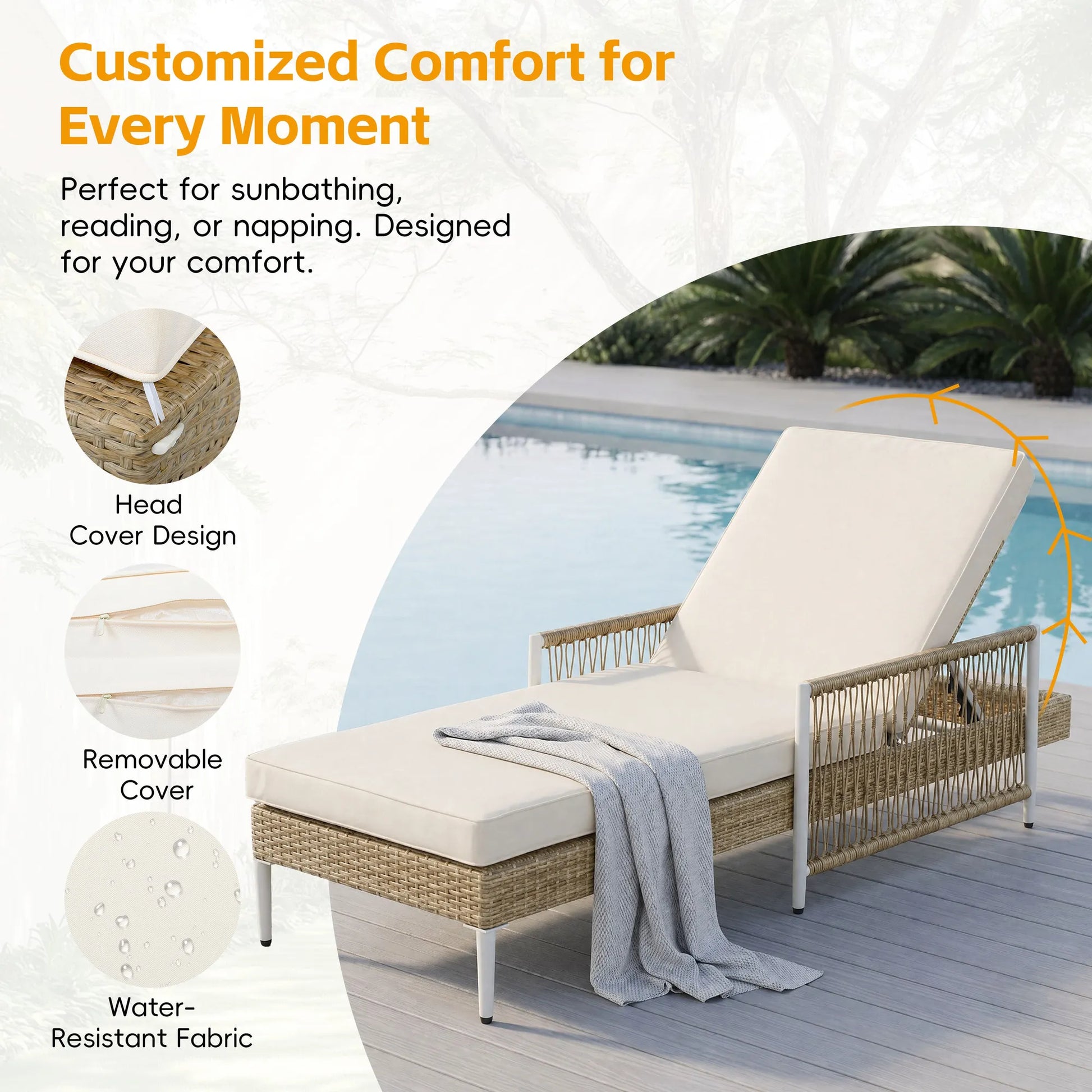 Outdoor All-Weather PE Rattan Chaise Lounge, Minimalist Patio Wicker Lounge Chair with 6 Gear Adjustable Recliner, Arms and Cushion for Poolside – view 8
