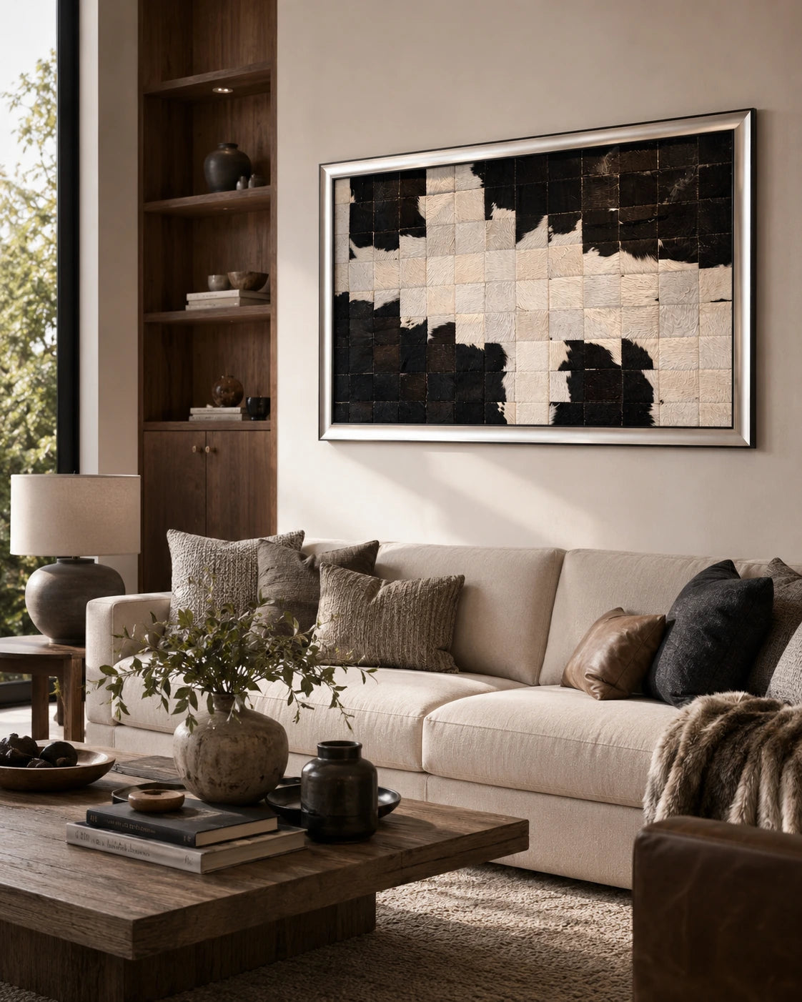 Black and ivory framed cowhide patchwork wall art styled above a neutral living room sofa