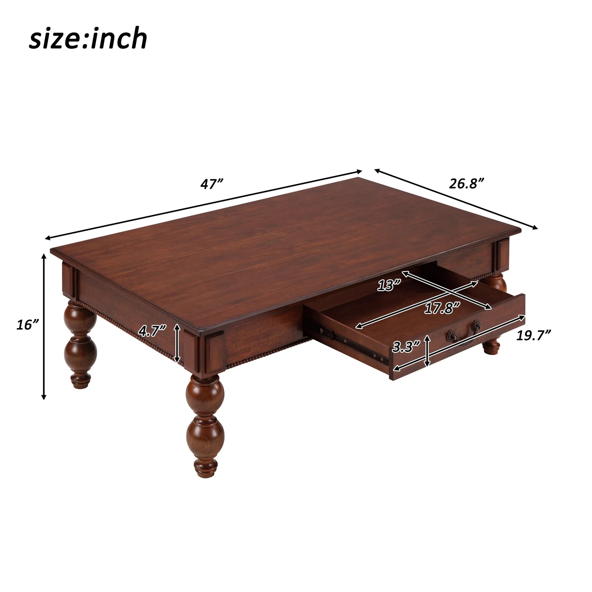Rectangular Wooden Coffee Table with Storage Drawer, Vintage Cocktail Table with Solid Wood Gourd-Shaped Legs for Living Room,No-Tools Assembly – view 8