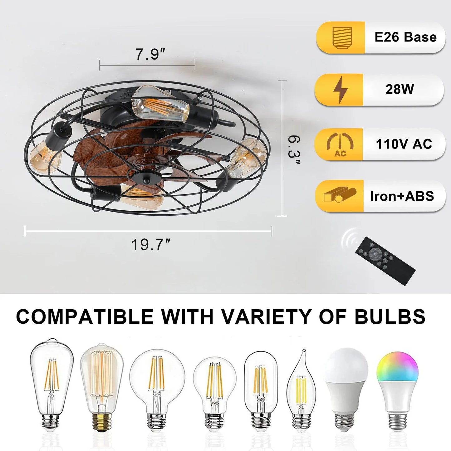Caged Ceiling Fan With Light, 20'' farmhouse Low Profile Ceiling fan Lights With Remote Control, Modern Enclosed 4x E26 Bulb Ceiling Fans With – view 8