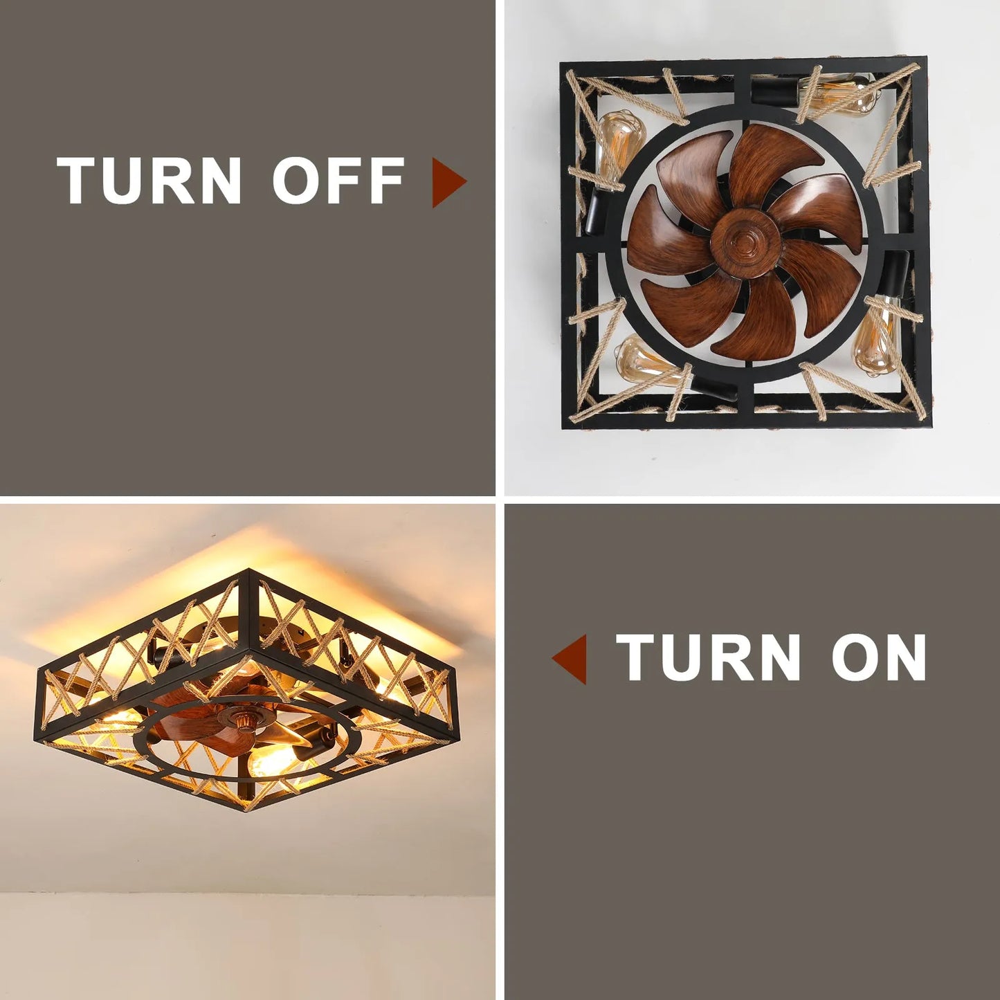Farmhouse Rustic Ceiling Fan and Remote Control,Square Caged Industrial Ceiling Fixture with 6 Speeds & Noiseless DC Motor for Kitchen Dining Room – view 8