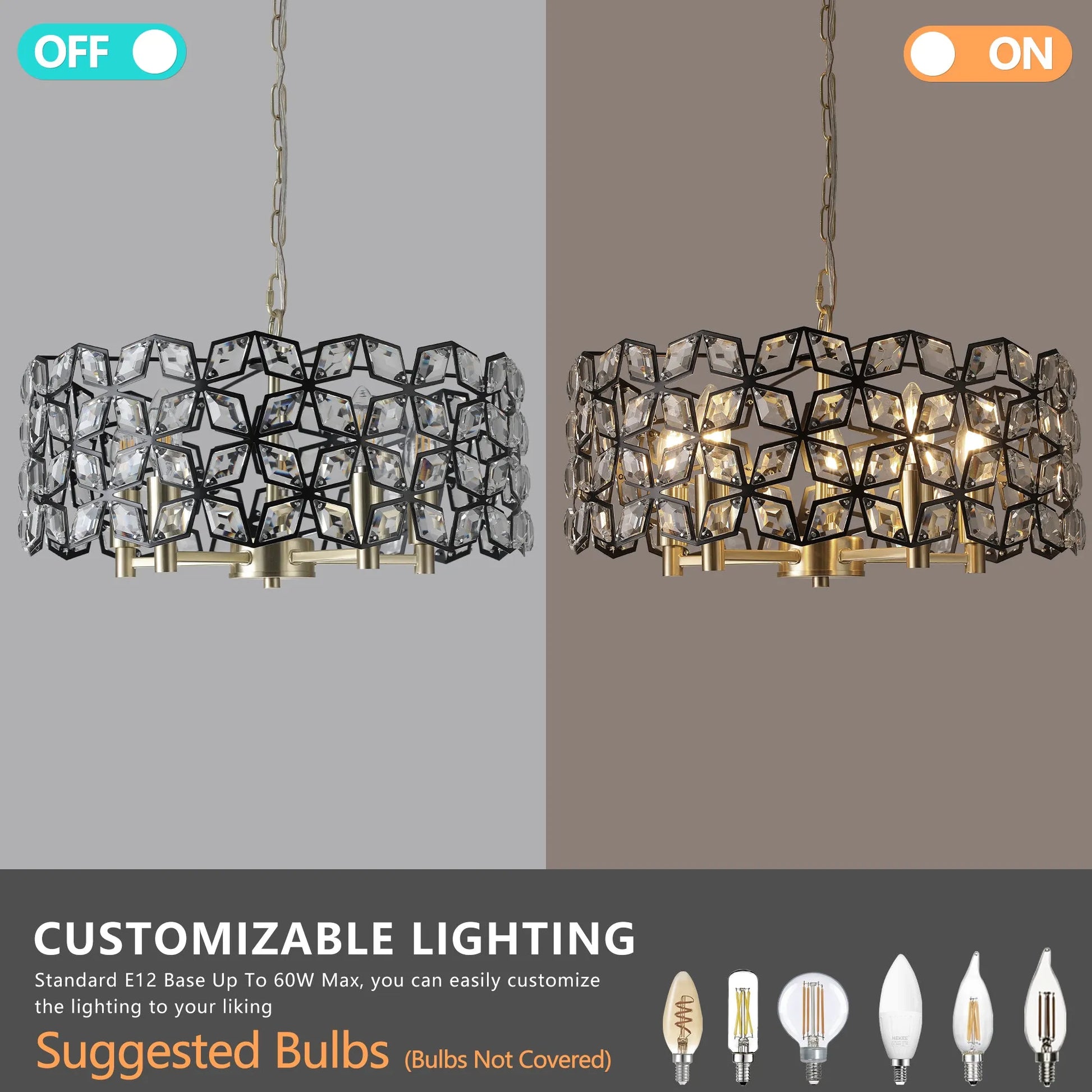 19' Geometric Crystal and BlackGold Round Pendant Chandelier – Modern 5-Light Fixture for Dining Room, Living Room, or Kitchen (Bulb Not Included) – view 8
