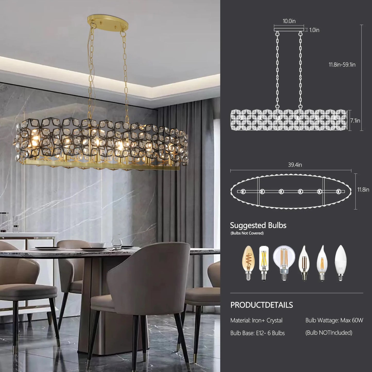 39' Contemporary Crystal and BlackGold Pendant Chandelier – Geometric Modern Light Fixture for Dining Room, Kitchen, or Living Room (Bulb Not – view 8