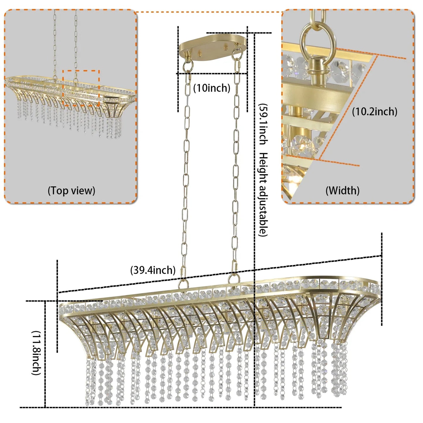 39' Modern Crystal Linear Rectangle Chandelier with Gold Finish, Elegant Pendant Light with Cascading Beads, for Dining Room, Living Room, or Foyer – view 8