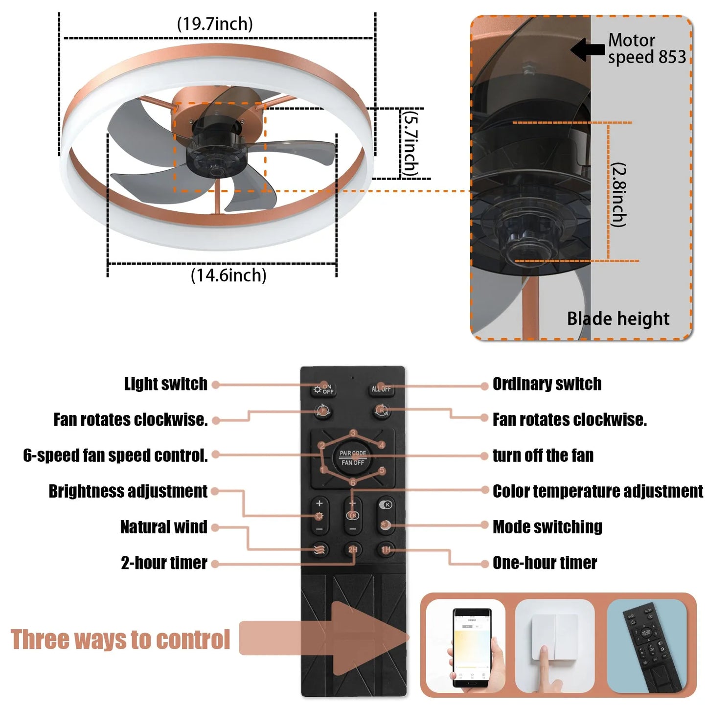 Ceiling Fans with Lights Dimmable LED Embedded installation of thin modern ceiling fans(Rose Gold) – view 8