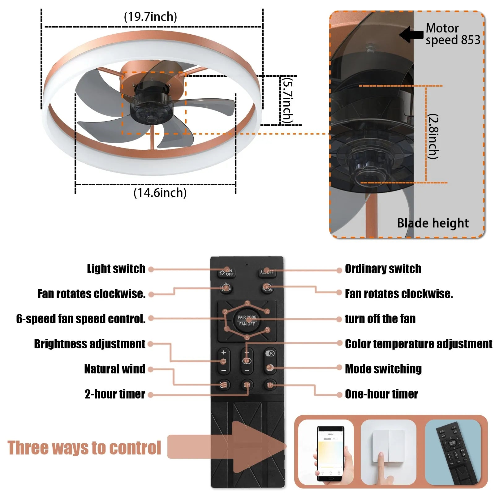 Ceiling Fans with Lights Dimmable LED Embedded installation of thin modern ceiling fans(Rose Gold) – view 8