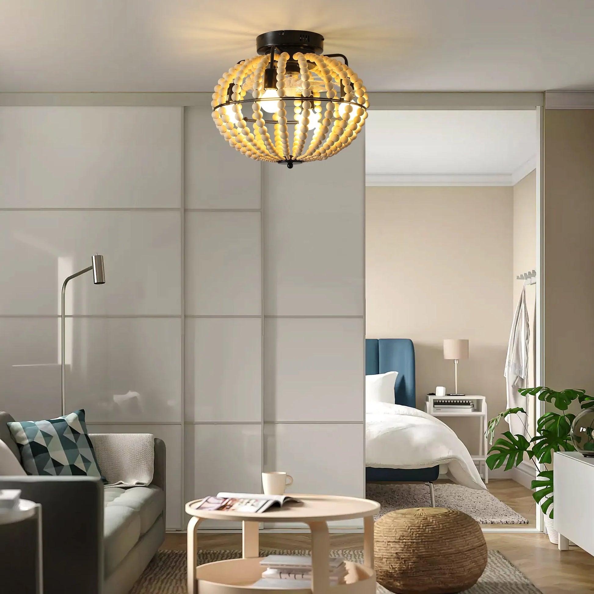 18' Bohemian Wood Beaded Ceiling Fan with Light, Flush Mount Caged Ceiling Fan, Rustic Farmhouse Low Profile Fan Light Fixture for Indoor Home Decor – view 8