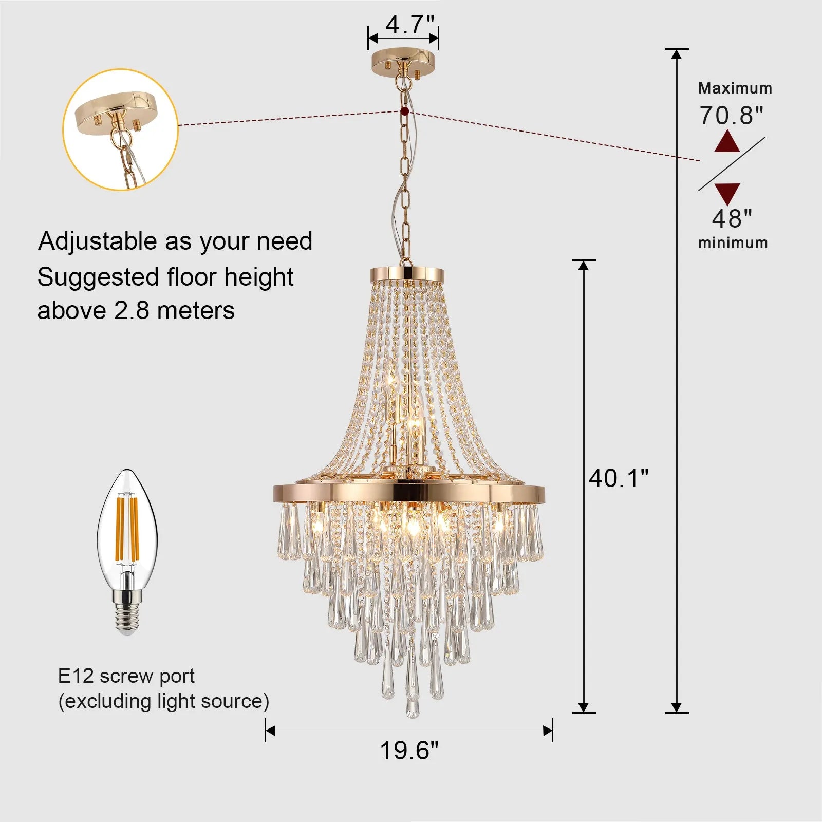 20' Modern Crystal Pendant Chandelier with Golden Finish – Elegant 11-Light Hanging Light Fixture Tiered Design for Dining Room, Living Room, or – view 8