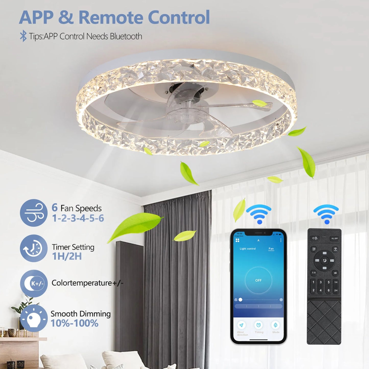Modern Acrylic Ceiling Fan Light with Remote Control, Dimmable LED Chandelier, 6-Speed Adjustable, Quiet Motor, Flush Mount Design for Living Room – view 8
