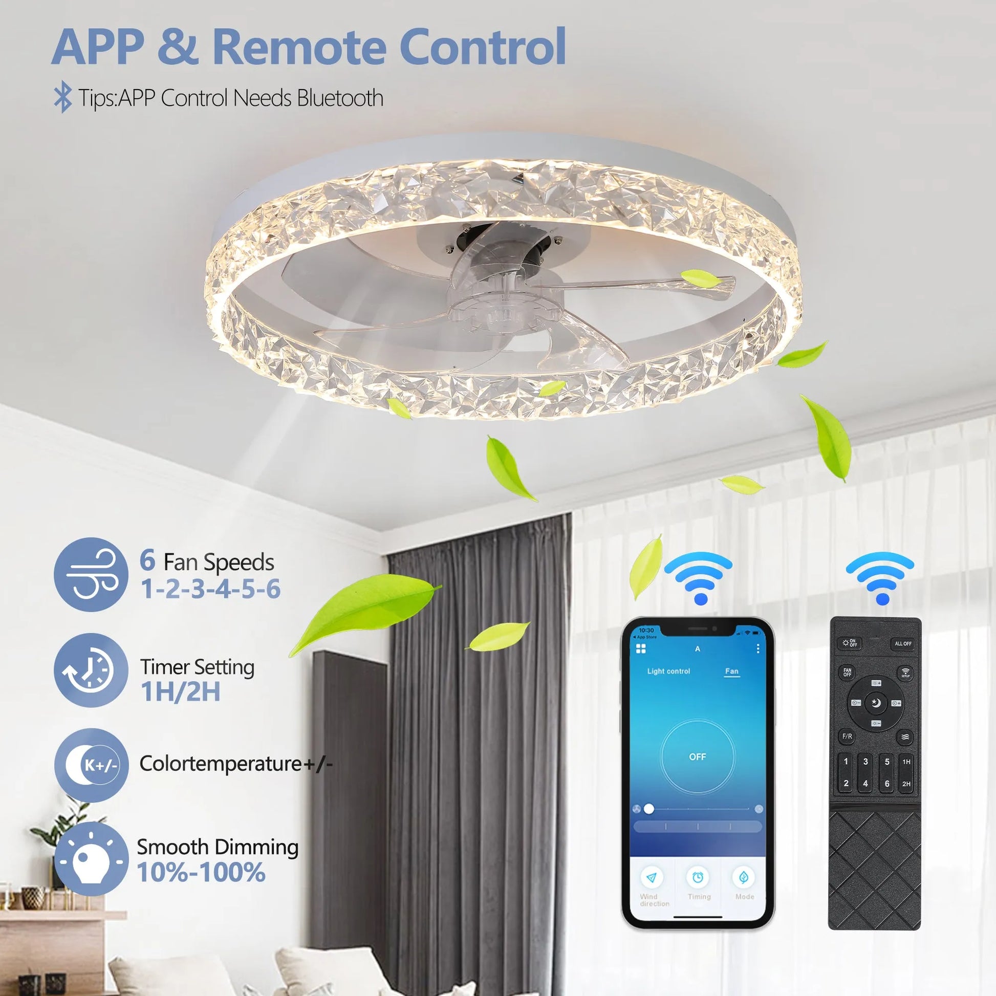 Modern Acrylic Ceiling Fan Light with Remote Control, Dimmable LED Chandelier, 6-Speed Adjustable, Quiet Motor, Flush Mount Design for Living Room – view 8