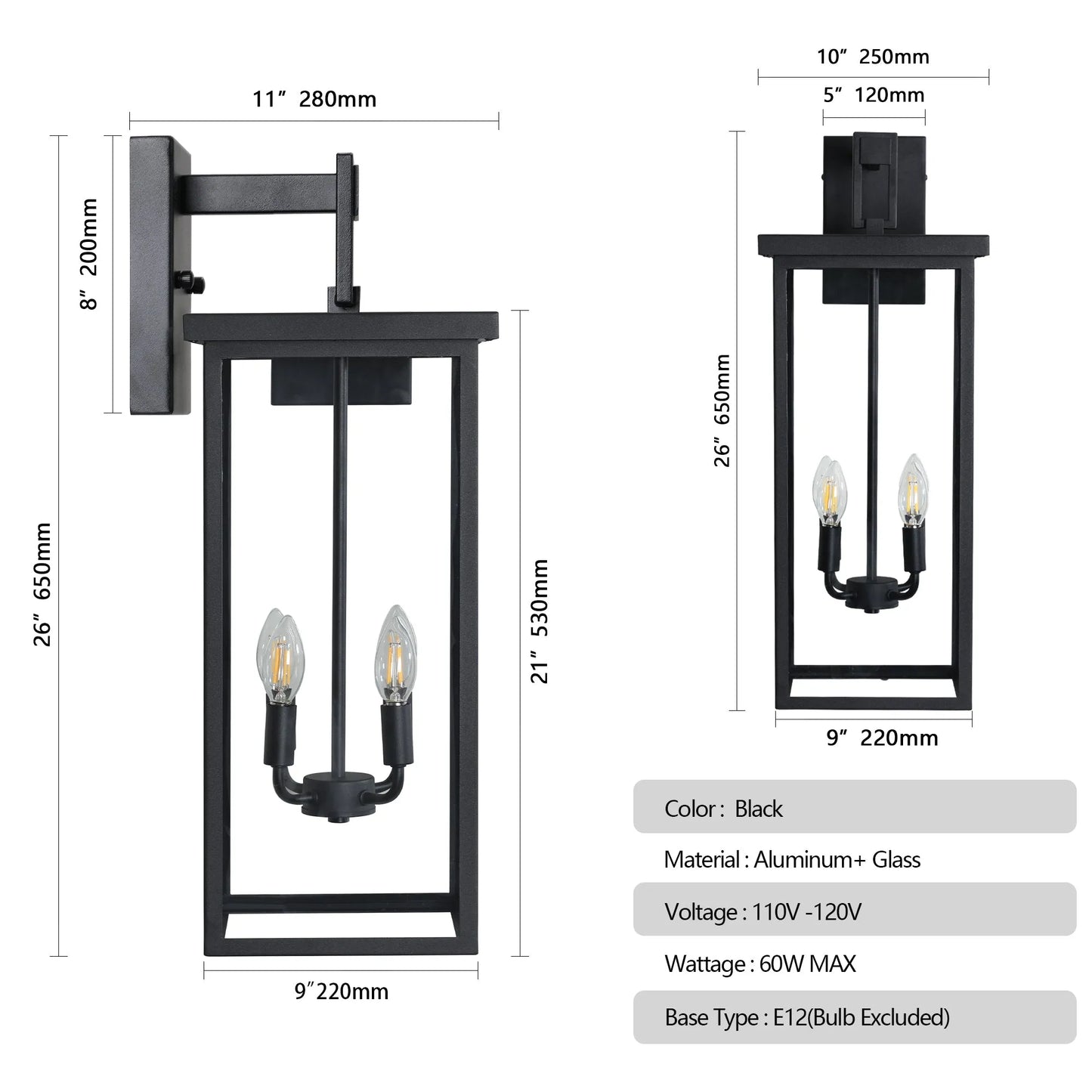 26'(H) 1ps Modern Outdoor Wall Lanterns with Black Metal Frame and Clear Glass, 4 E12 Bulb Socket, Weatherproof Wall Sconces for Porch, Garden, Patio – view 8