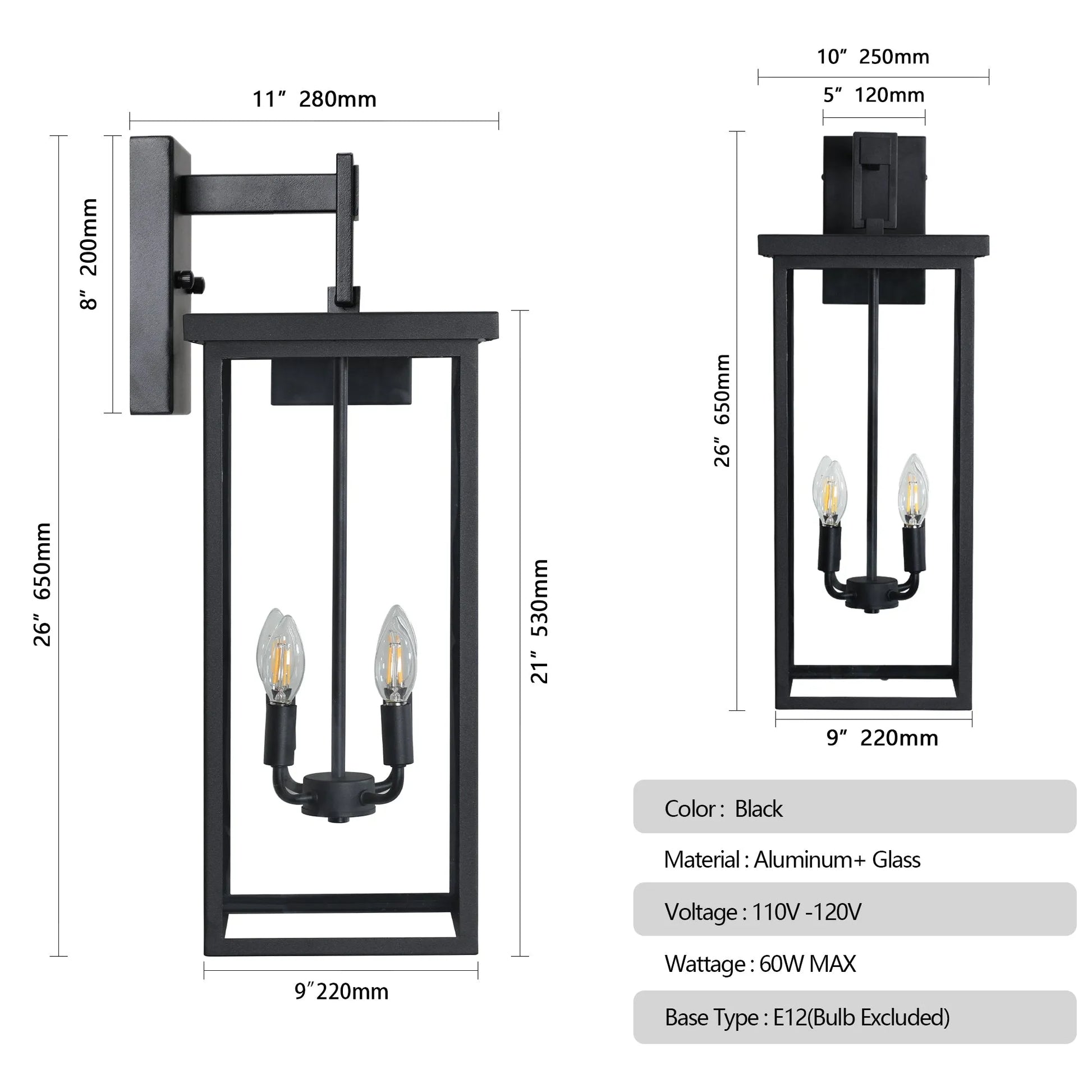 26'(H) 1ps Modern Outdoor Wall Lanterns with Black Metal Frame and Clear Glass, 4 E12 Bulb Socket, Weatherproof Wall Sconces for Porch, Garden, Patio – view 8