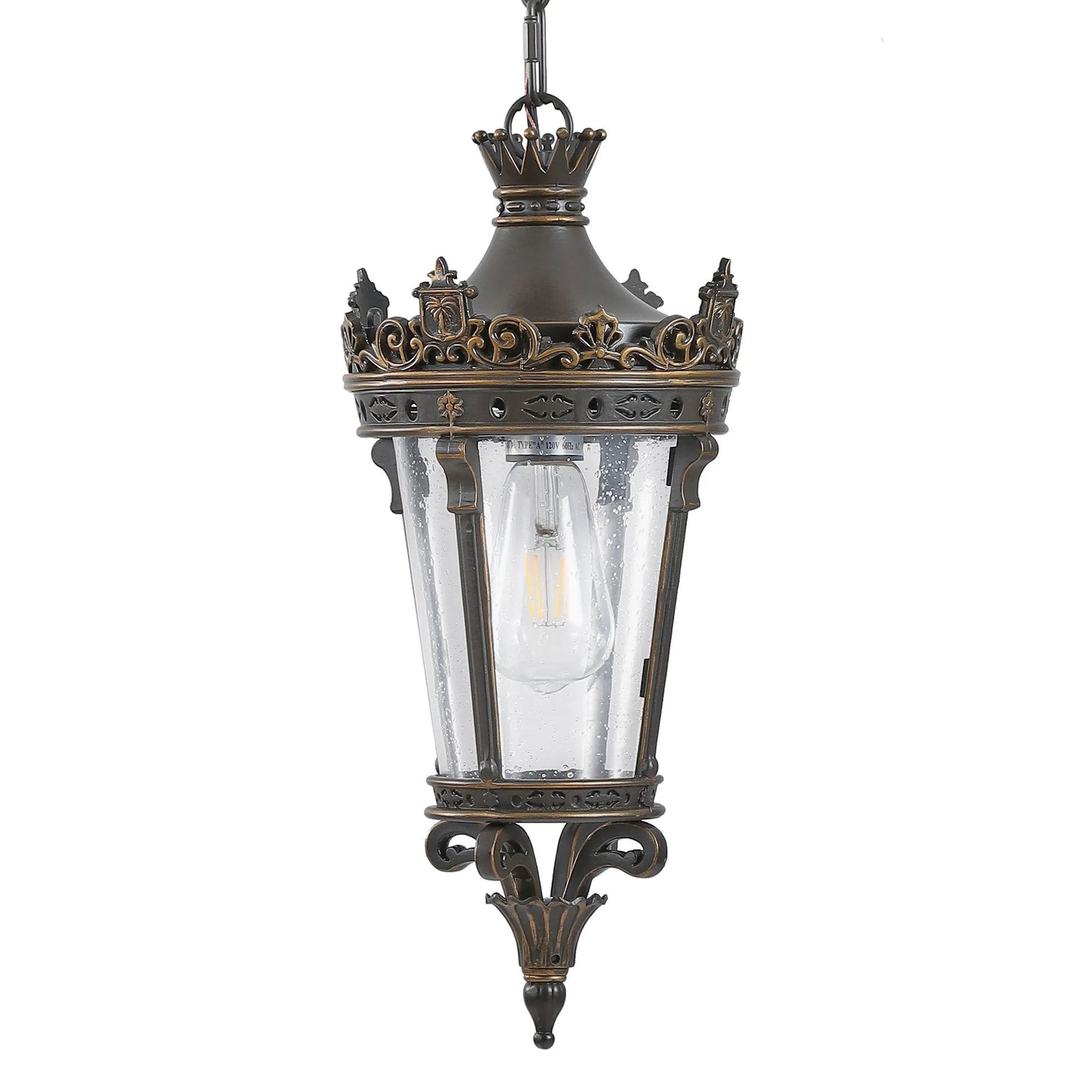 18'(H) Antique Crown Outdoor Hanging Lantern, Waterproof Vintage Pendant Light with Ornate Metal Design and Clear Glass for Patio, Garden, Porch – view 8