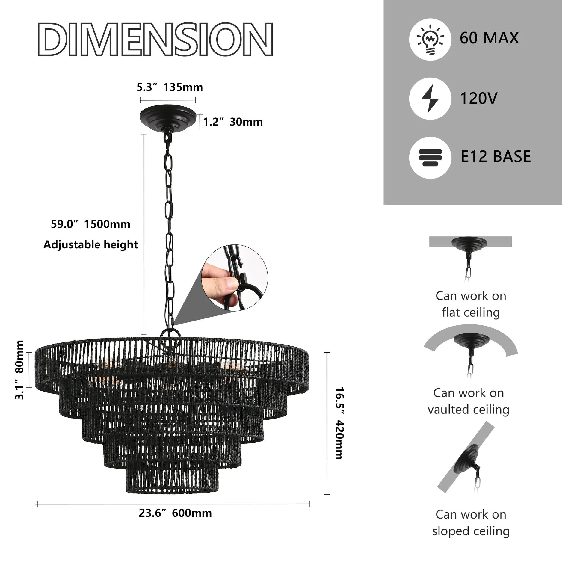 24' Rustic 5-Tier Black Hemp Rope Pendant Light Chandelier with 8 E12 Sockets, Boho Farmhouse Ceiling Fixture for Dining Room, Kitchen, or Entryway – view 8