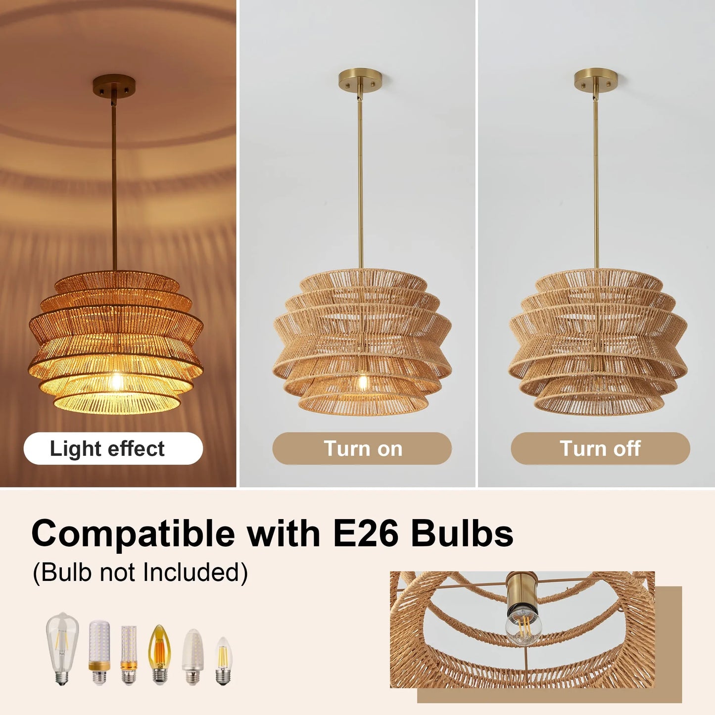 17.3' Rattan Pendant Light,Hand-Woven Rustic Wicker Hanging Light Seagrass Ceiling Chandelier,Water Plants Rattan Chandelier for Dining Living – view 8