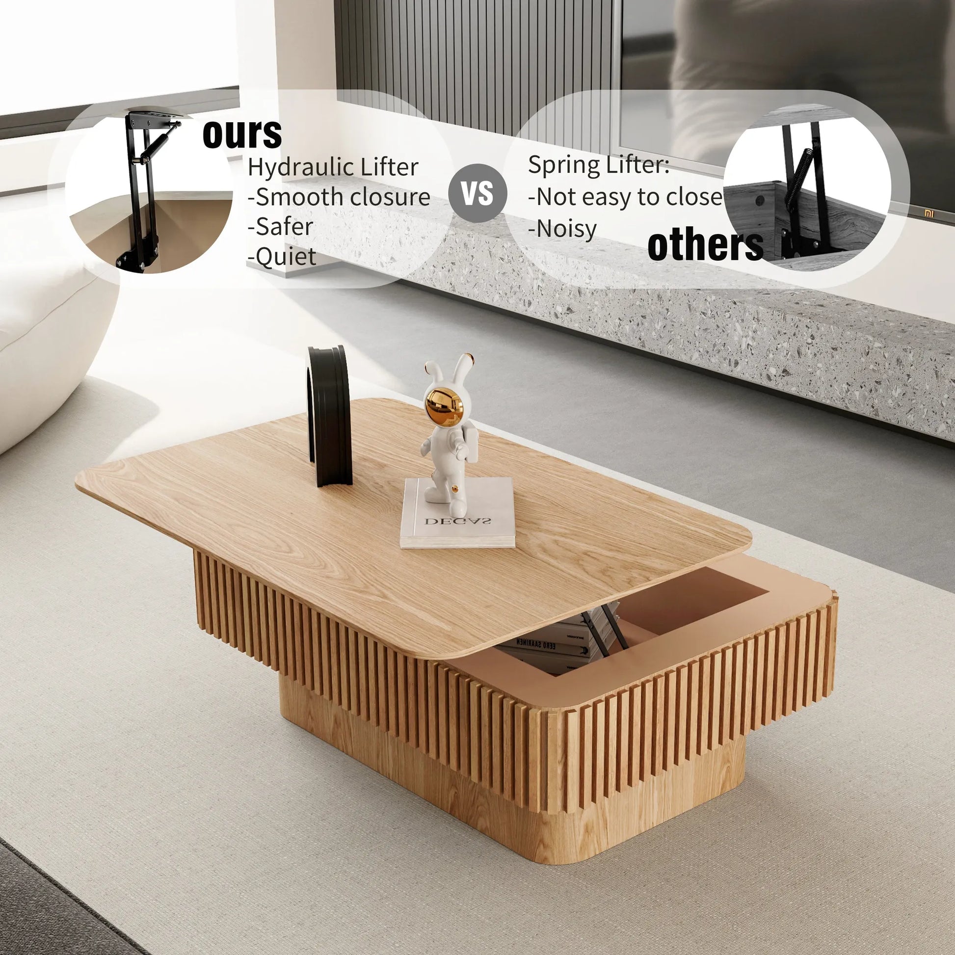 38.6'' Fluted Lift-top Coffee Table Solid Wood Veneered Modern Coffee Table Accent Tea Table with Storage and Adjustable Height for Living Room – view 8