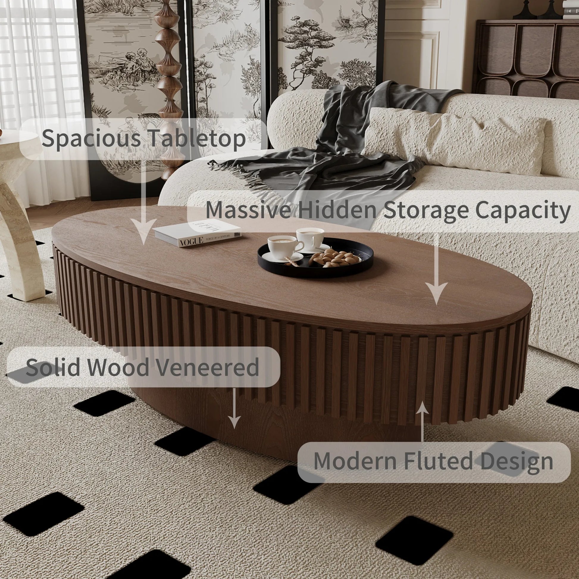 47'' Oval Coffee Table with Storage Solid Wood Veneered Modern Coffee Table Accent Tea Table for Living Room, Bedroom, Apartment or Office, Walnut – view 8