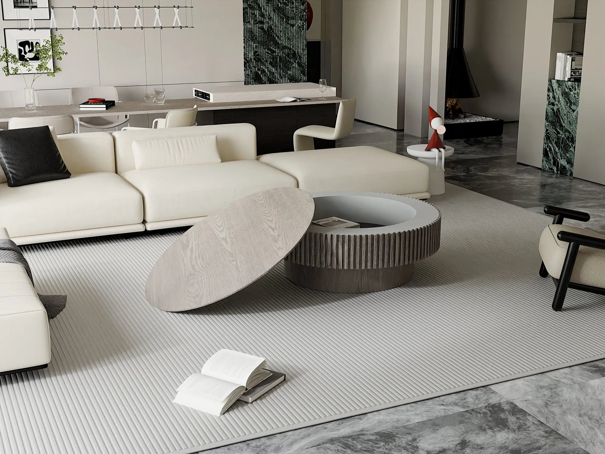 39.37'' Round Coffee Table with Storage Solid Wood Veneered Modern Coffee Table Accent Tea Table for Living Room, Bedroom, Apartment or Office, Grey – view 8