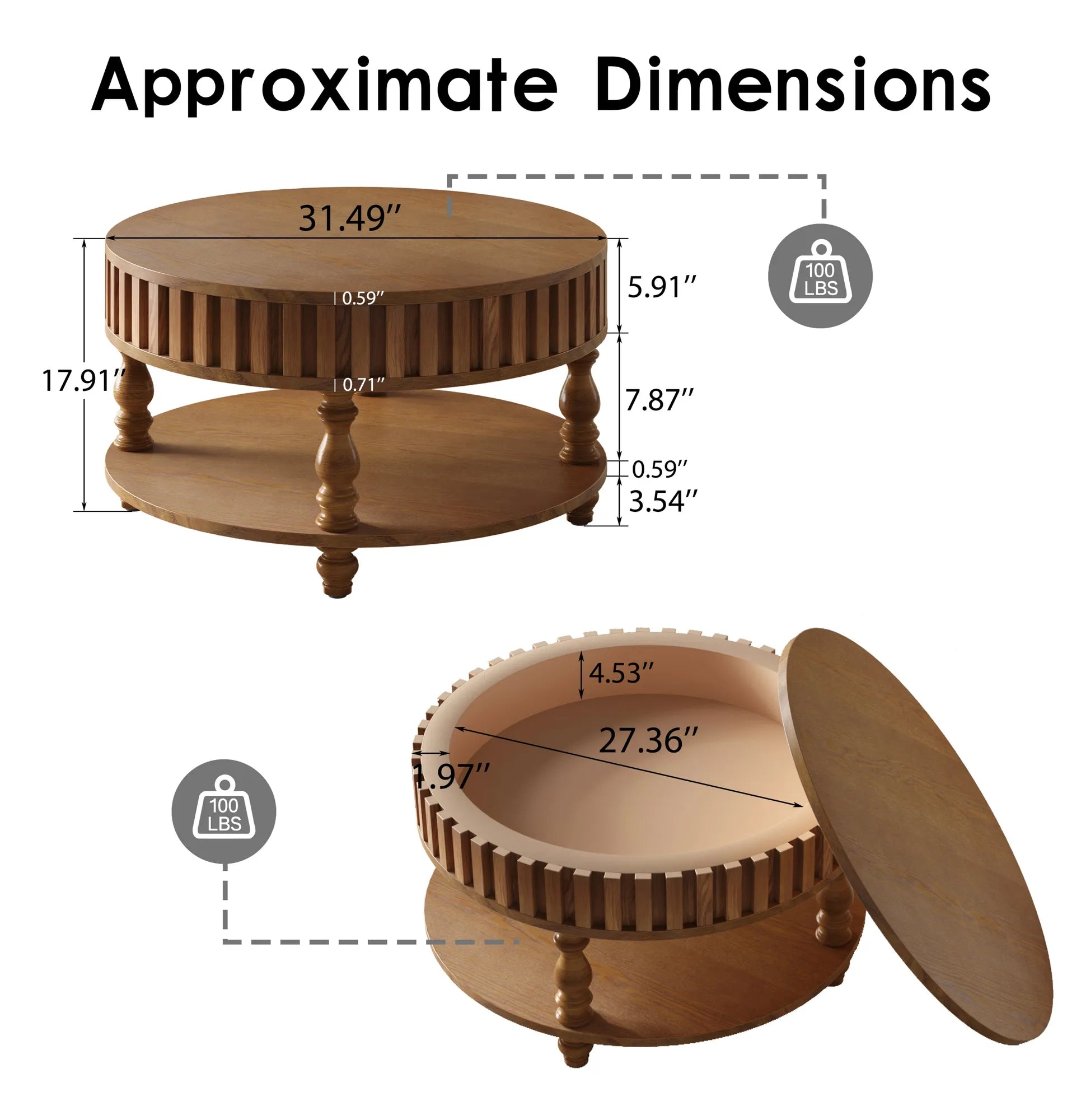 Farmhouse Fluted Coffee Table with Storage and Flip-Top Lids, Rustic Brown Center Table for Living Room with Spacious Hidden Storage, Sturdy Durable – view 8