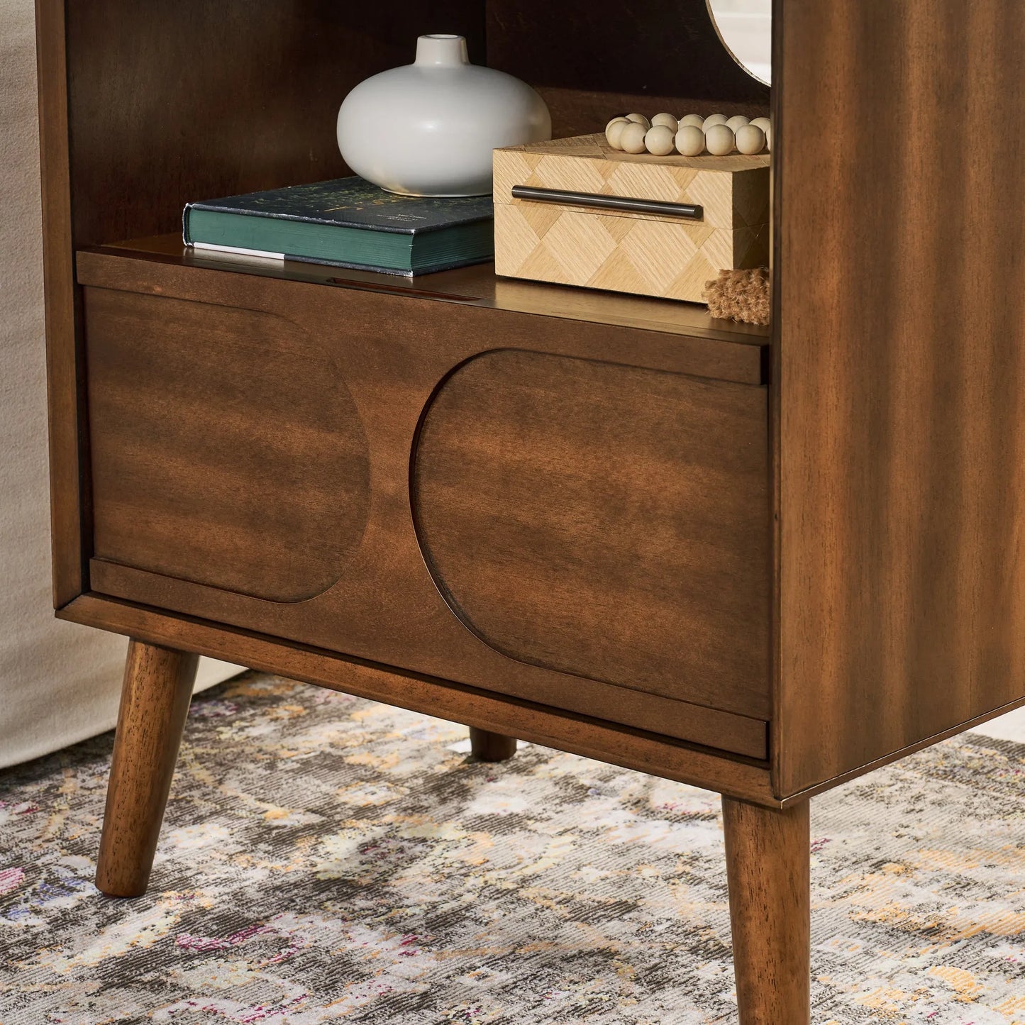 Mid Century Modern Fluted Nightstand with Charging Station USB Ports & Outlet Hole & 4 Solid Wood Legs, Farmhouse End Table with Open Space and – view 8