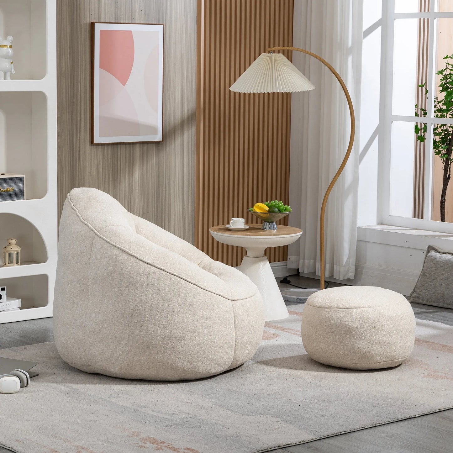Bedding Bean Bag Sofa Chair with High-Pressure Foam and Footrest, Beige Microfiber – view 8