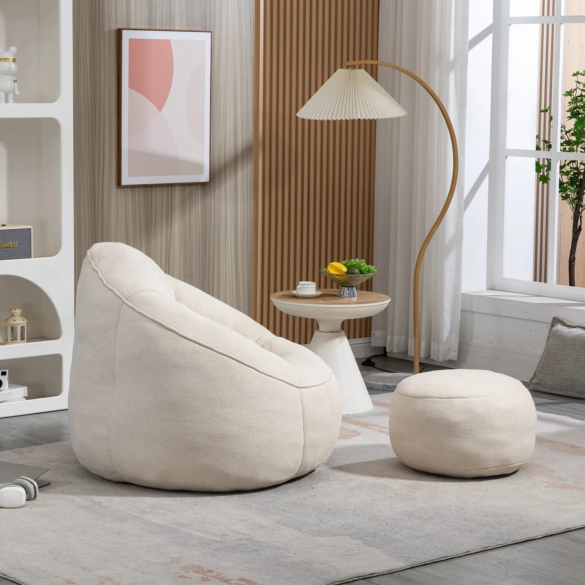 Bedding Bean Bag Sofa Chair with High-Pressure Foam and Footrest, Beige Microfiber – view 8