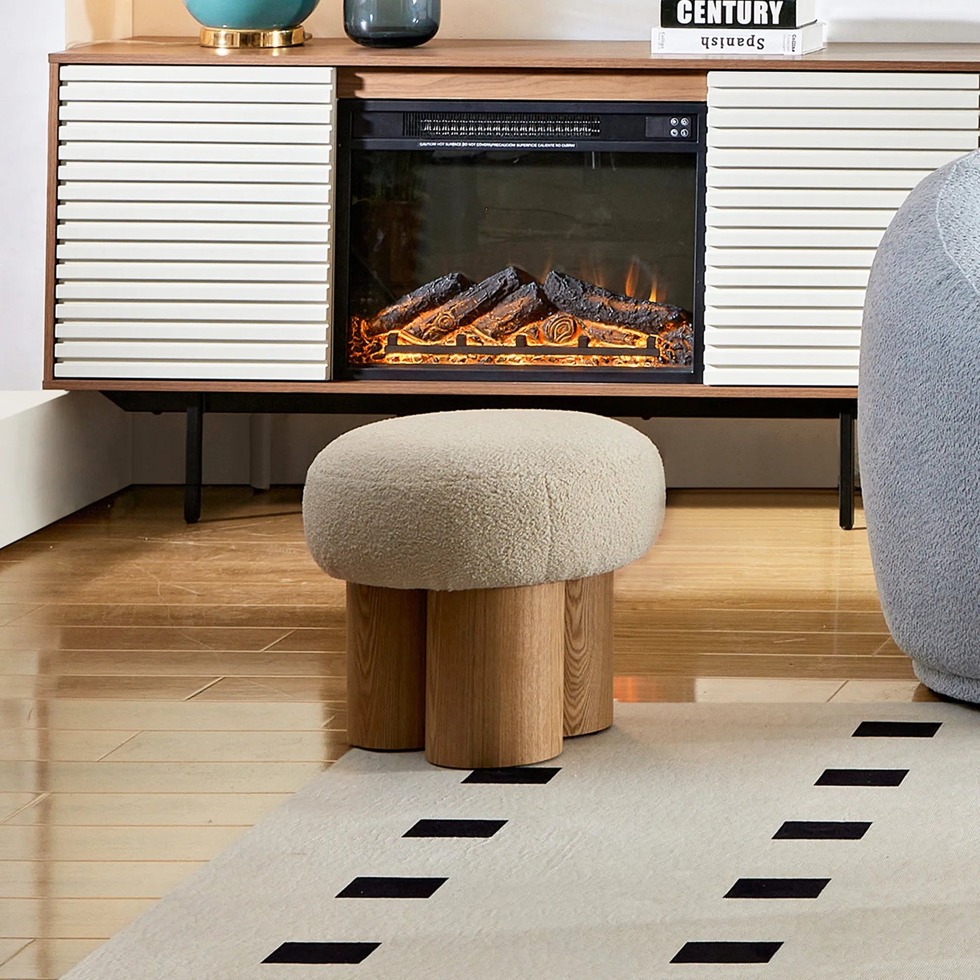 Mushroom Stool with Greige Plush Cushion, Wooden Barrel PVC Pipe, Walnut Finish – view 8
