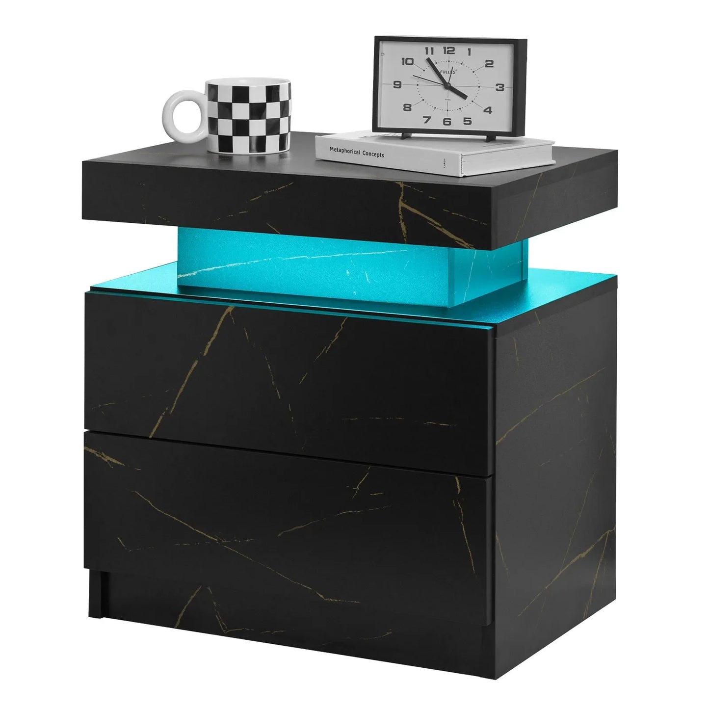 Nightstand LED Bedside Table Cabinet Lights Modern End Side with 2 Drawers for Bedroom (Black Gold) – view 8