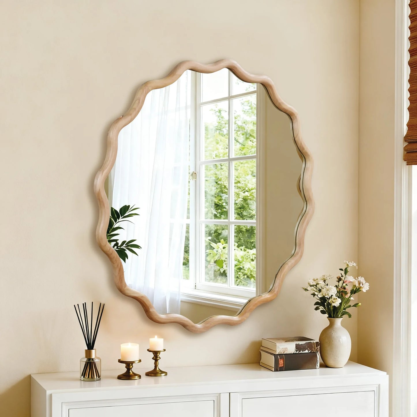 Natural Wood Color 36 inch Wavy Round Solid Wood Frame Decorative Mirror,For Bedroom, Bathroom, Living Room, Entryway – view 8