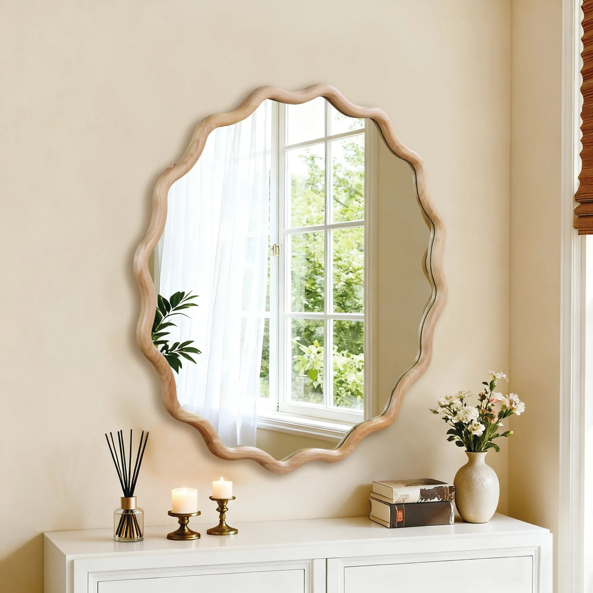 Natural Wood Color 36 inch Wavy Round Solid Wood Frame Decorative Mirror,For Bedroom, Bathroom, Living Room, Entryway – view 8