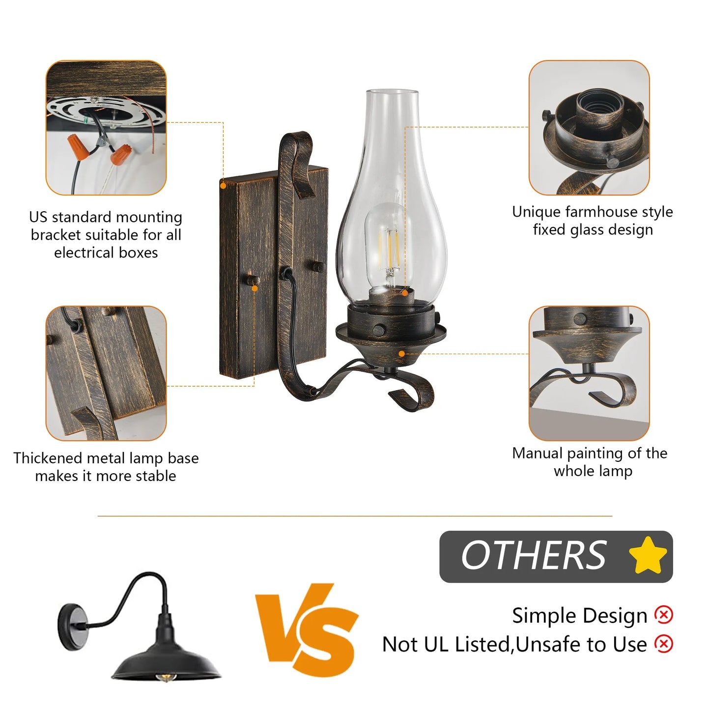 (Only Supports Hardwired) Rustic Farmhouse Wall Sconces Set of 2, Vintage Industrial Plug-in Wall Lights with Clear Glass Shade, Black and Gold – view 8