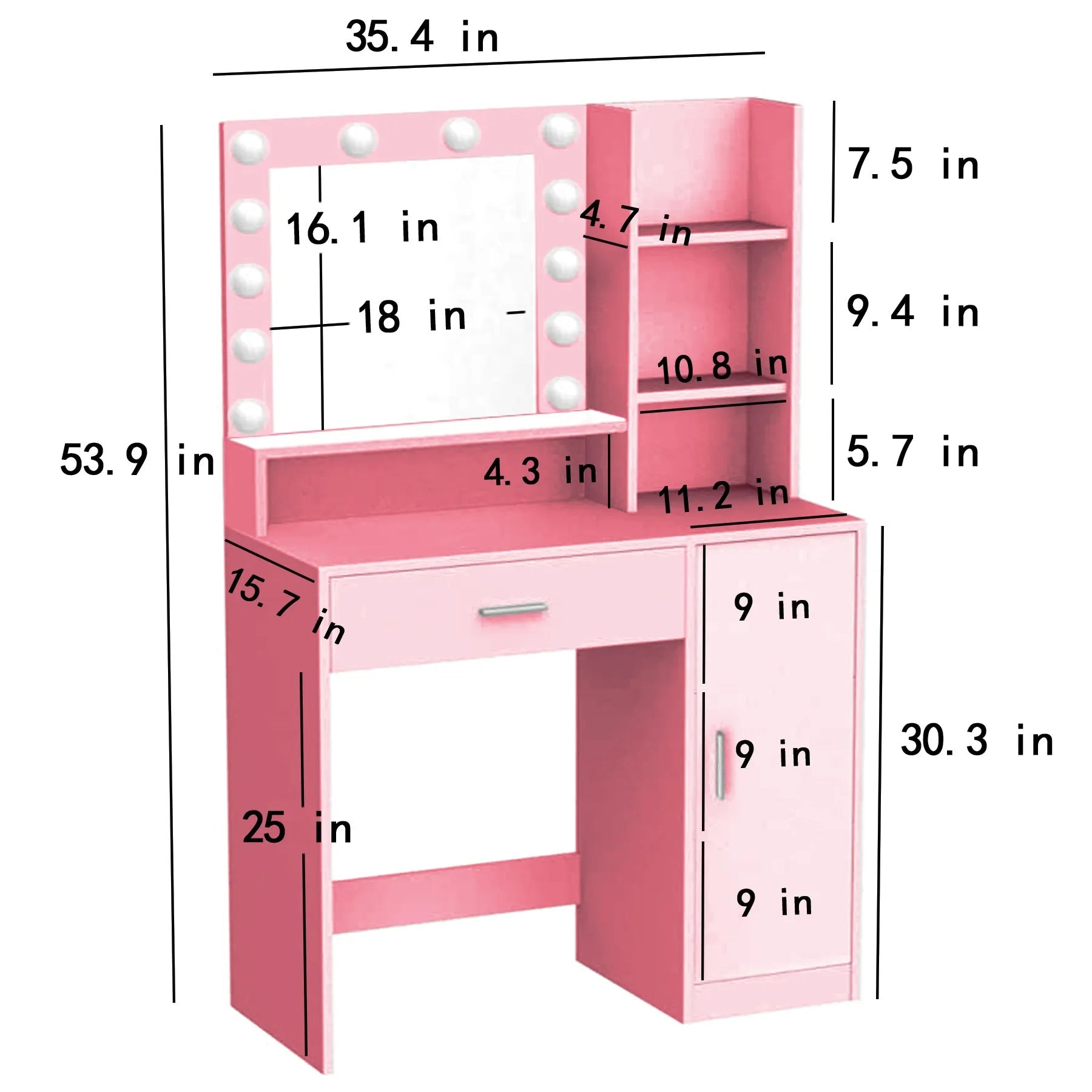 Vanity Desk with Mirror & Light, Large Drawer Three Level Storage Dresser, 3 Lighting Modes Adjustable Brightness, Bedroom Dressing Table(Pink) – view 8