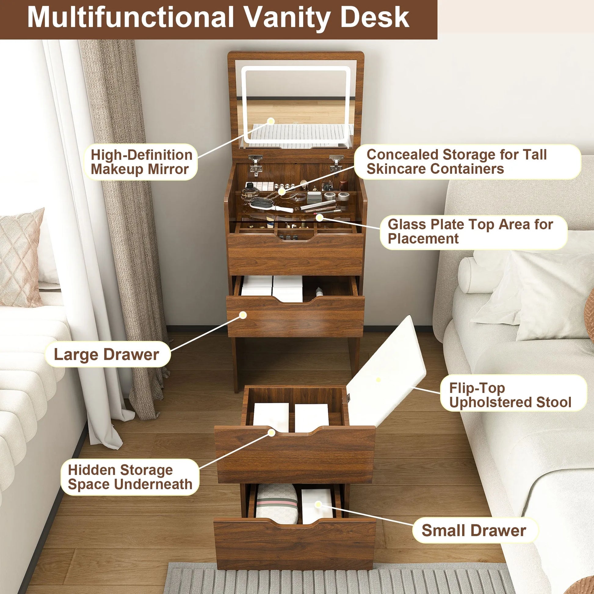 3-in-1 Vanity Desk with Lighted Mirror & Stool, Flip Top Makeup Dressing Table in Walnut Finish, Compact Storage for Bedroom, Bathroom, or Dressing – view 8