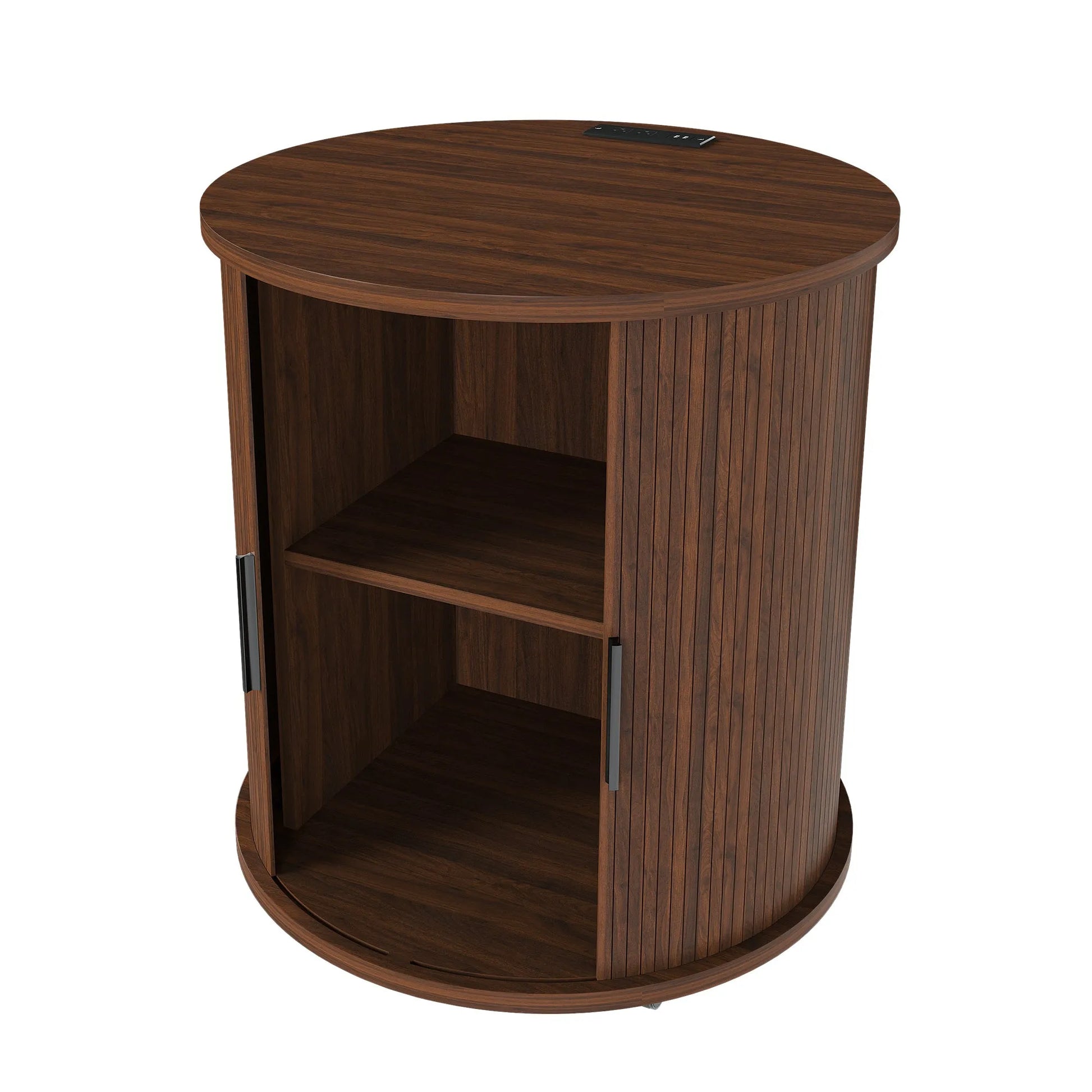 Mid Century Modern Cylinder End Table with Built-in Charging Station & Sliding Door, 2-Tier Storage Round Nightstand with USB Ports, Walnut Bedside – view 8