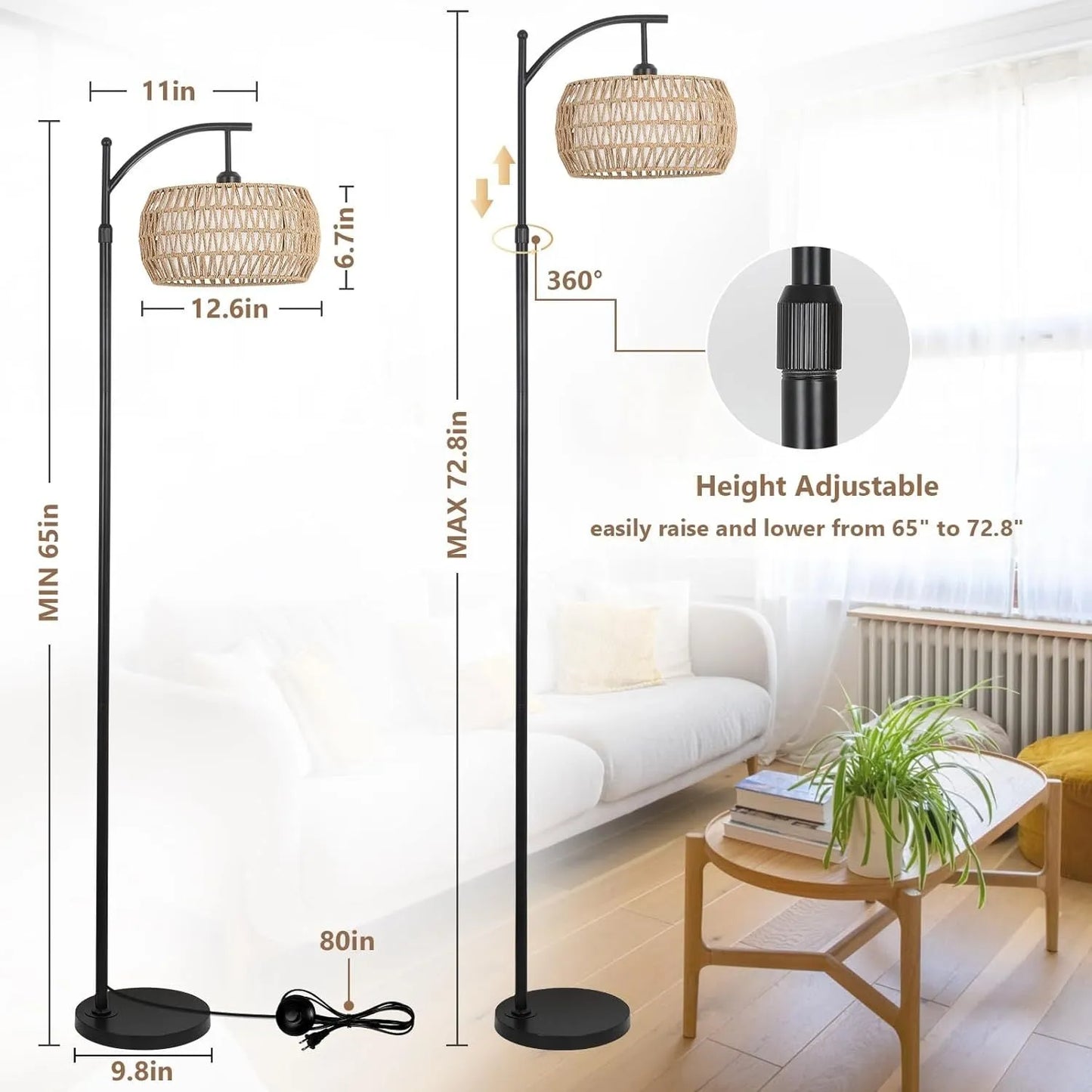Arc Floor Lamp with Remote Control, Dimmable LED Floor Lamp with 3 Color Temperature, Black Standing Lamp with Rattan & Fabric Double Drum Shade – view 8