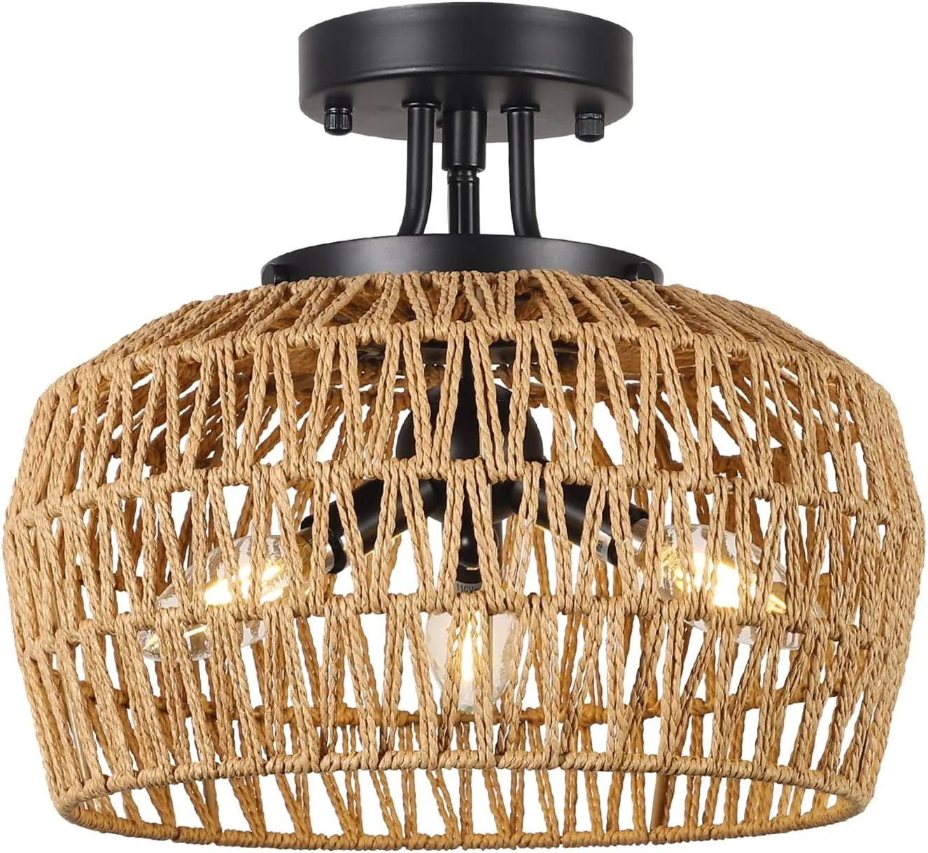 Semi Flush Mount Ceiling Light, Rattan Light Fixture Ceiling Mount with Handmade Wicker Lampshade, 3-Lights Boho Chandelier, Woven Close to Ceiling – view 8