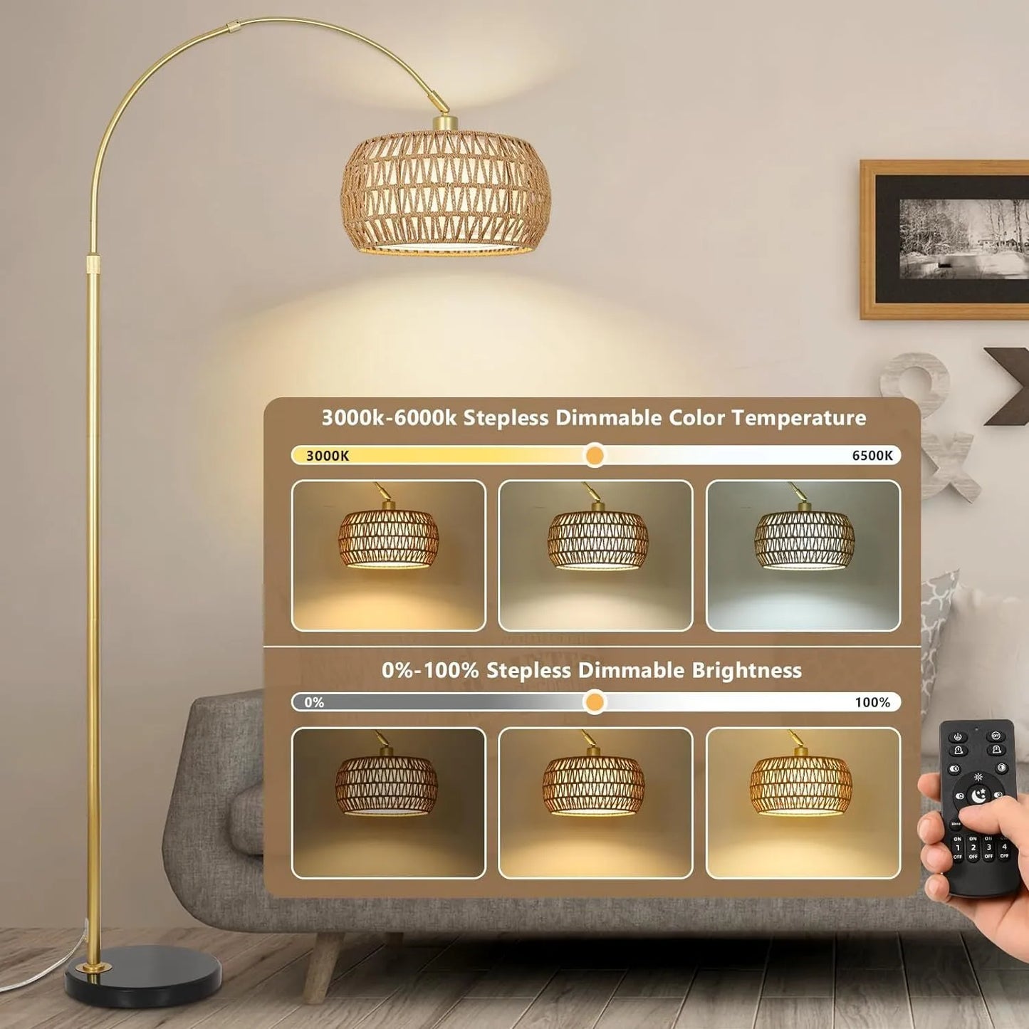 Gold Floor Lamps for Living Room, Arc Floor Lamp with Remote & Dimmable Bulb, Boho Rattan Standing lamp with 3 Color Temperatures, Height Adjustable – view 8