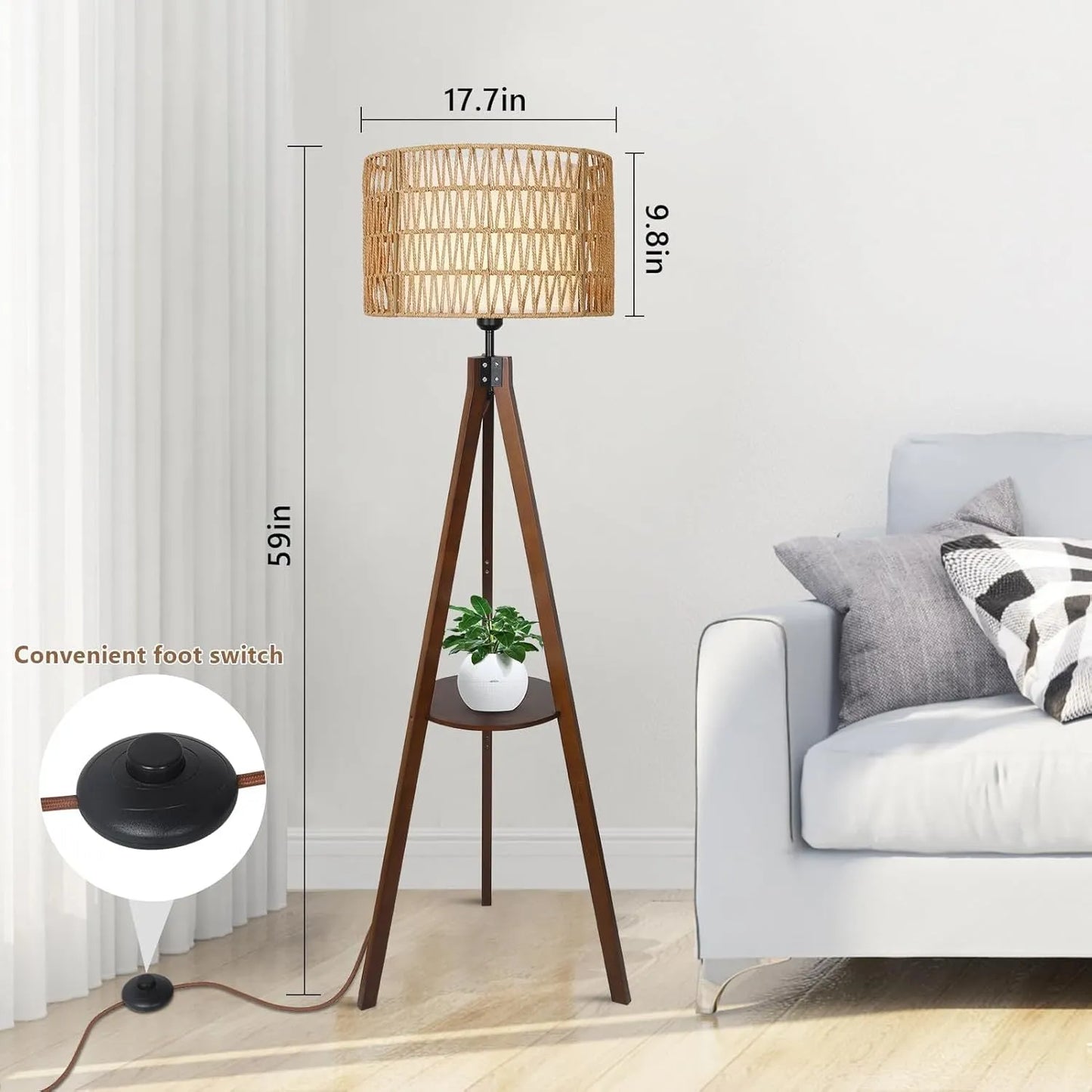 Boho Tripod Floor Lamp with Shelves, Mid Century Wood Standing Lamp with Rattan & Fabric Shades, ON/Off Foot Switch, Modern Farmhouse Tall Floor – view 8