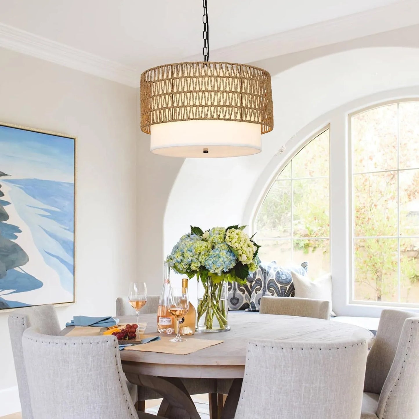 Farmhouse Chandeliers for Dining Room,5-Light Rattan Boho Chandelier Light Fixture with Fabric Shade,Hand Woven Large Rattan Dining Room Light – view 8