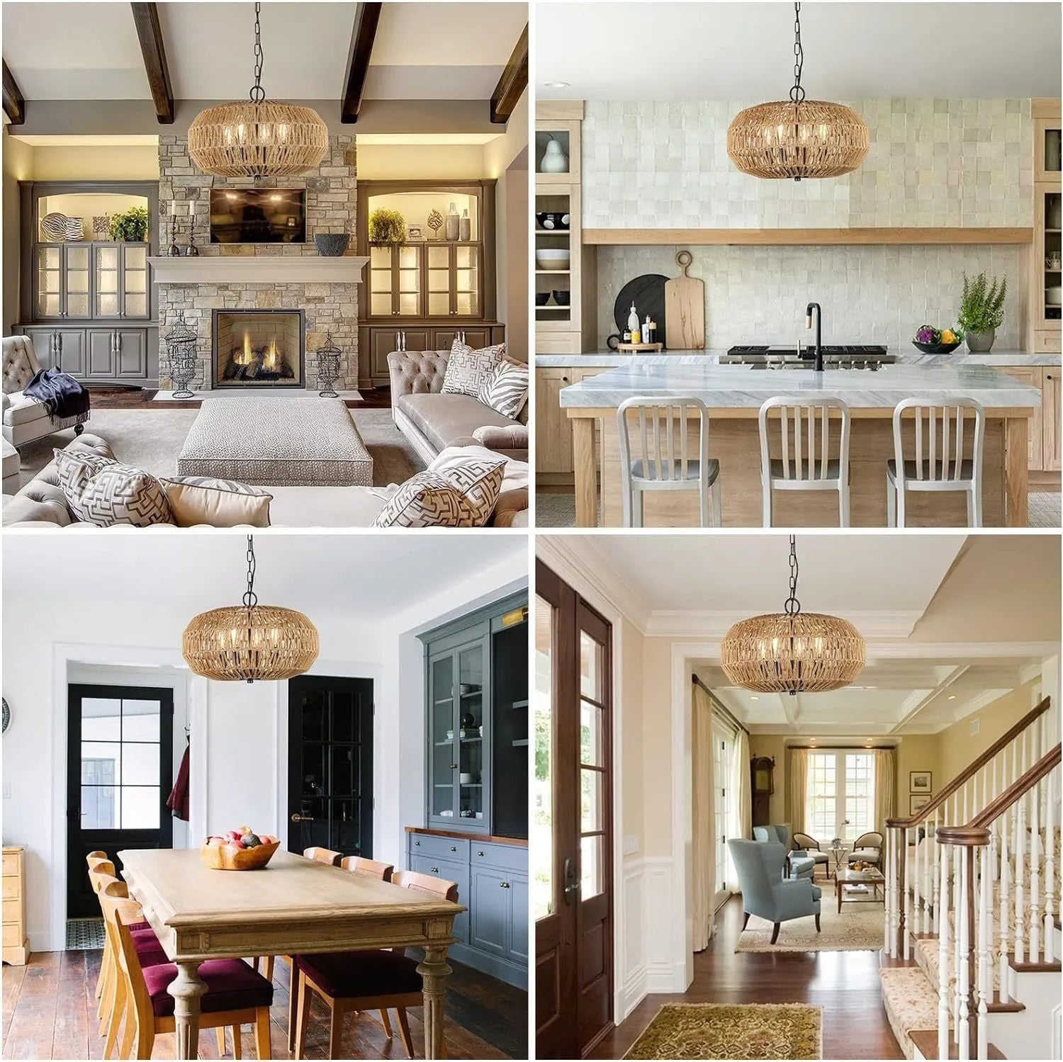 Farmhouse Rattan Pendant Lights, 15.7' 4-Light Boho Chandelier Light Fixture, Wicker Hand Woven Basket Pendant Hanging for Dining Room Living Room – view 8