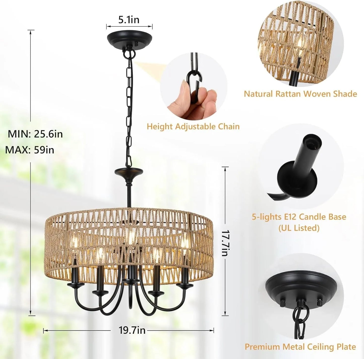 Modern Farmhouse Chandelier Light Fixtures, 5-Lights Large Rattan Pendant Lighting with Hand Woven Wicker Shade, Boho Black Chandeliers for Dining – view 8