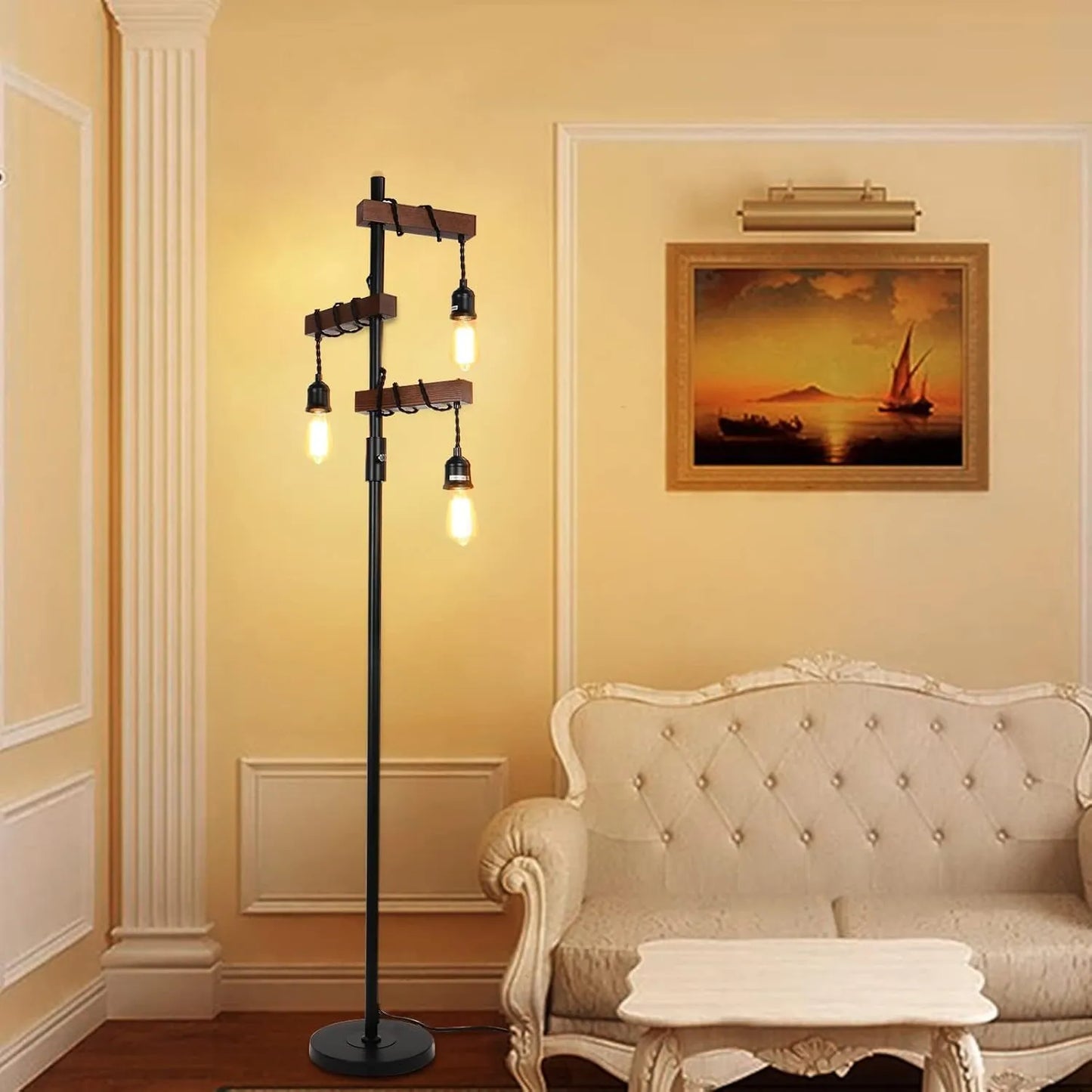 Dimmable Industrial Floor Lamp, Farmhouse Tree Floor Lamp, 68 Inch 3 Lights Wood Standing Lamp, Sturdy Base Tall Vintage Pole Light, Metal Black – view 8