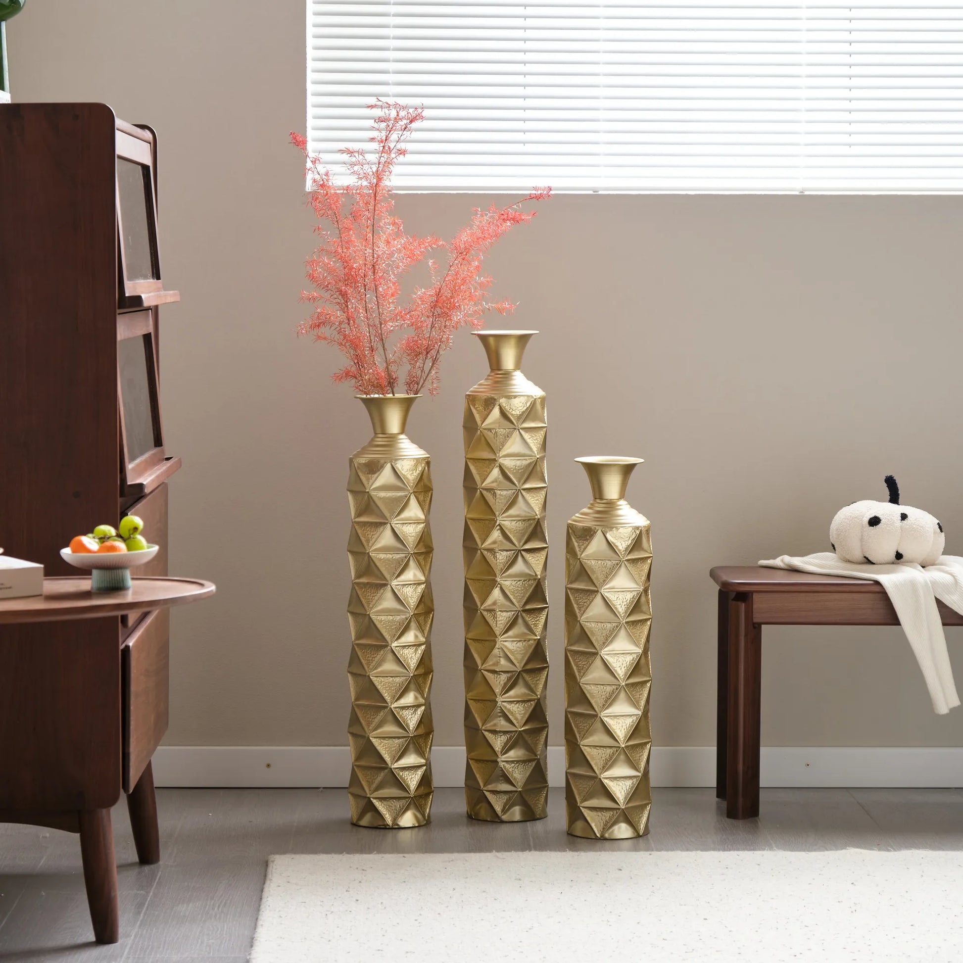 Metal Decorative Vase High Distress Metal Center Vase With 3D Triangle Pattern, Set Of 3 Vases for Home Decoration 33.5', 29.5', 25.2'High, Gold – view 8